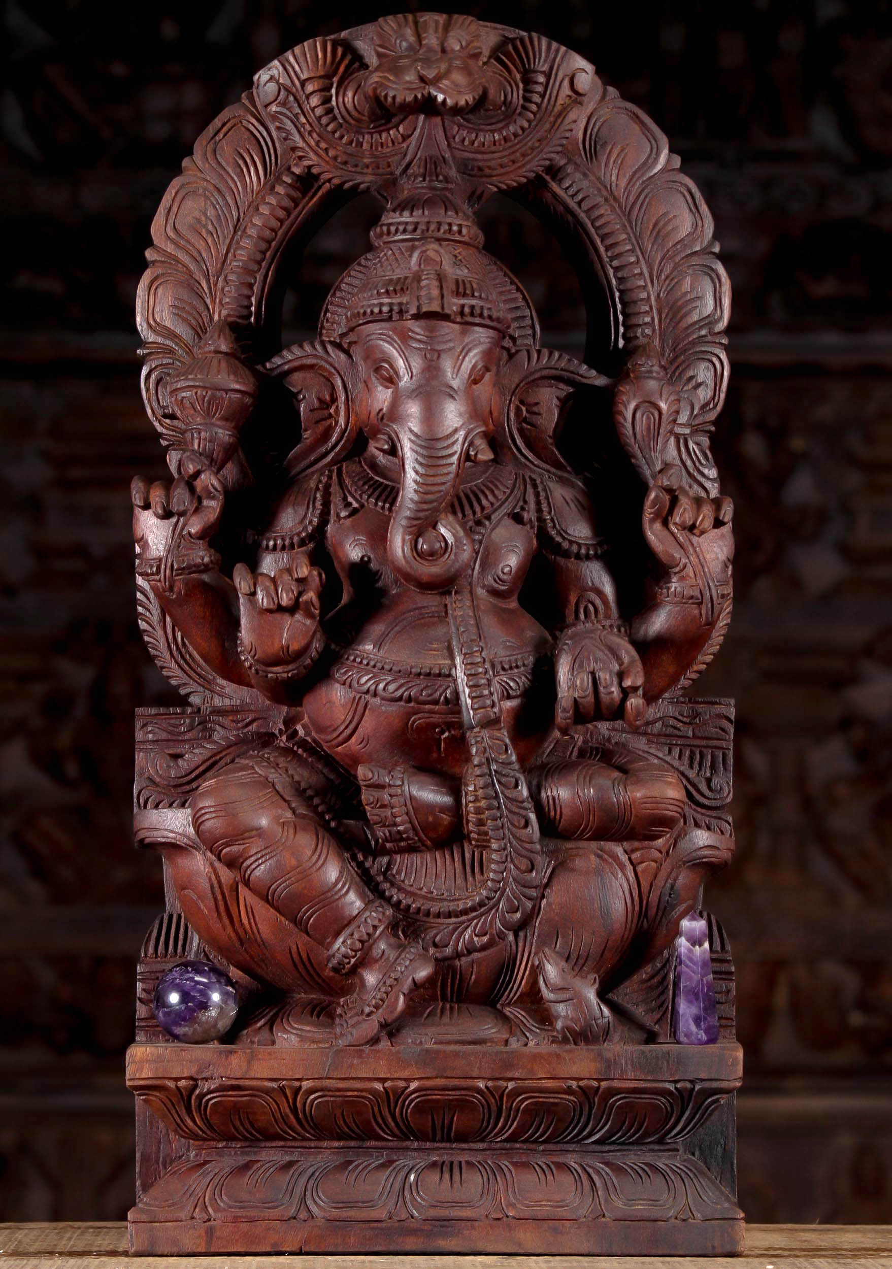 Wooden Ganesh Statue with Rat & Arch 24"