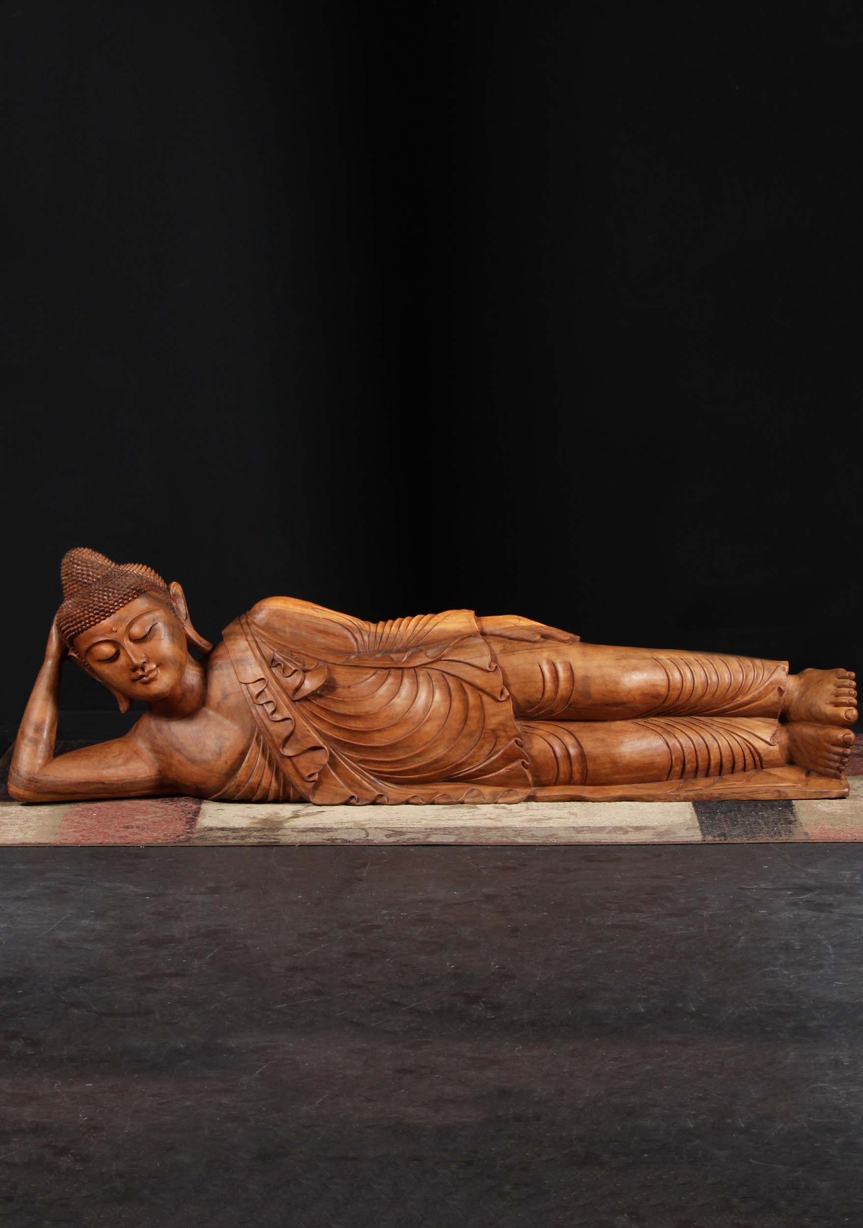 Large Hand Carved Suar Wood Reclining Dying Buddha Passing into Nirvana Statue 82"
