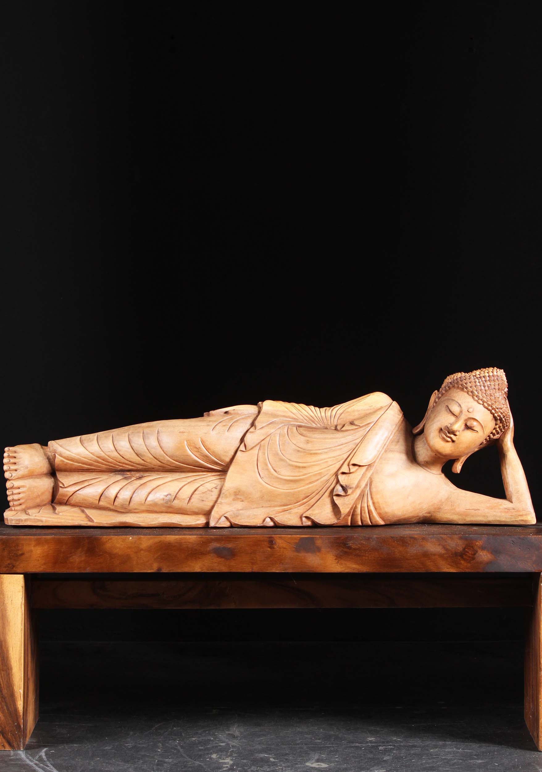 Wooden Reclining Buddha Carving 44"