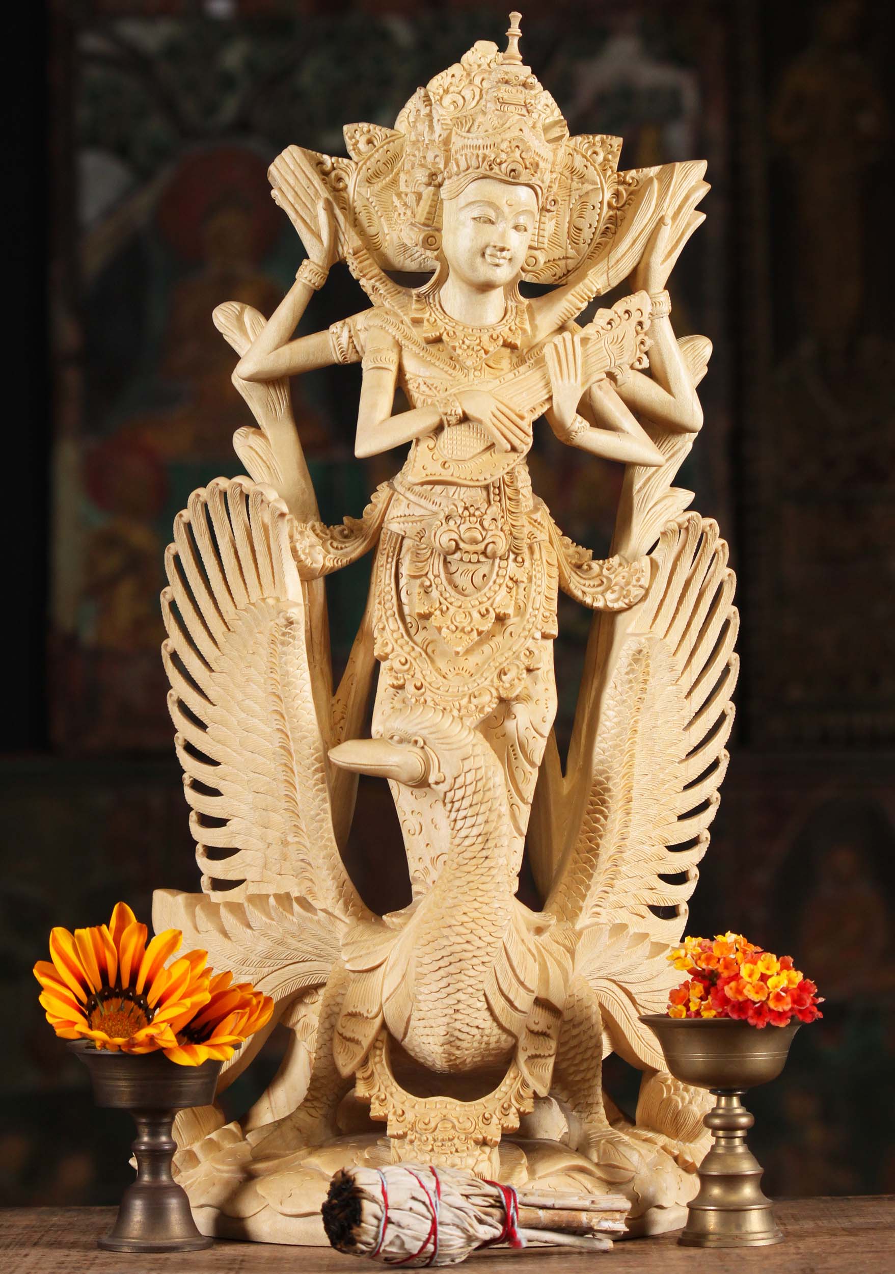 Wooden Veena Saraswati Statue with Swan 17"