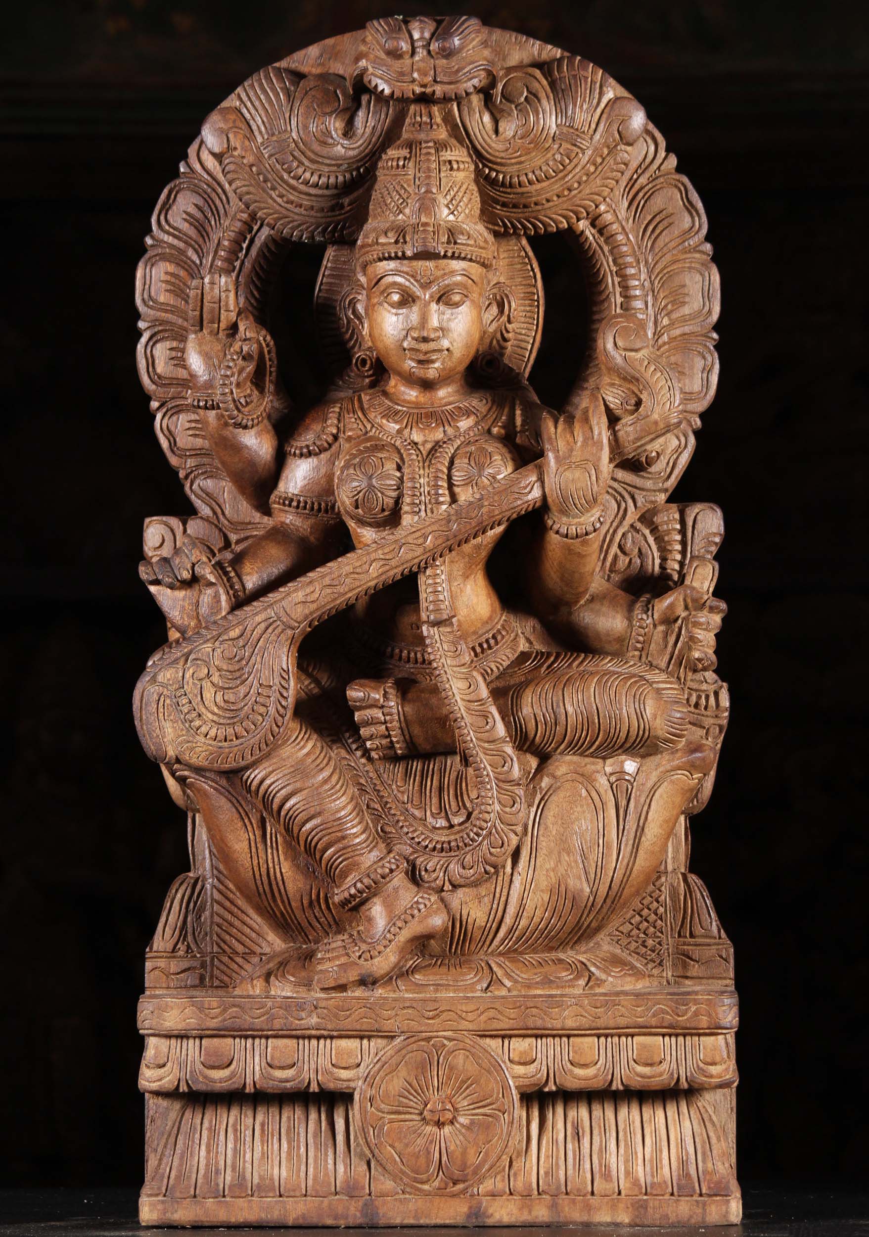 Wooden Saraswati Statue with Arch & Veena 24"