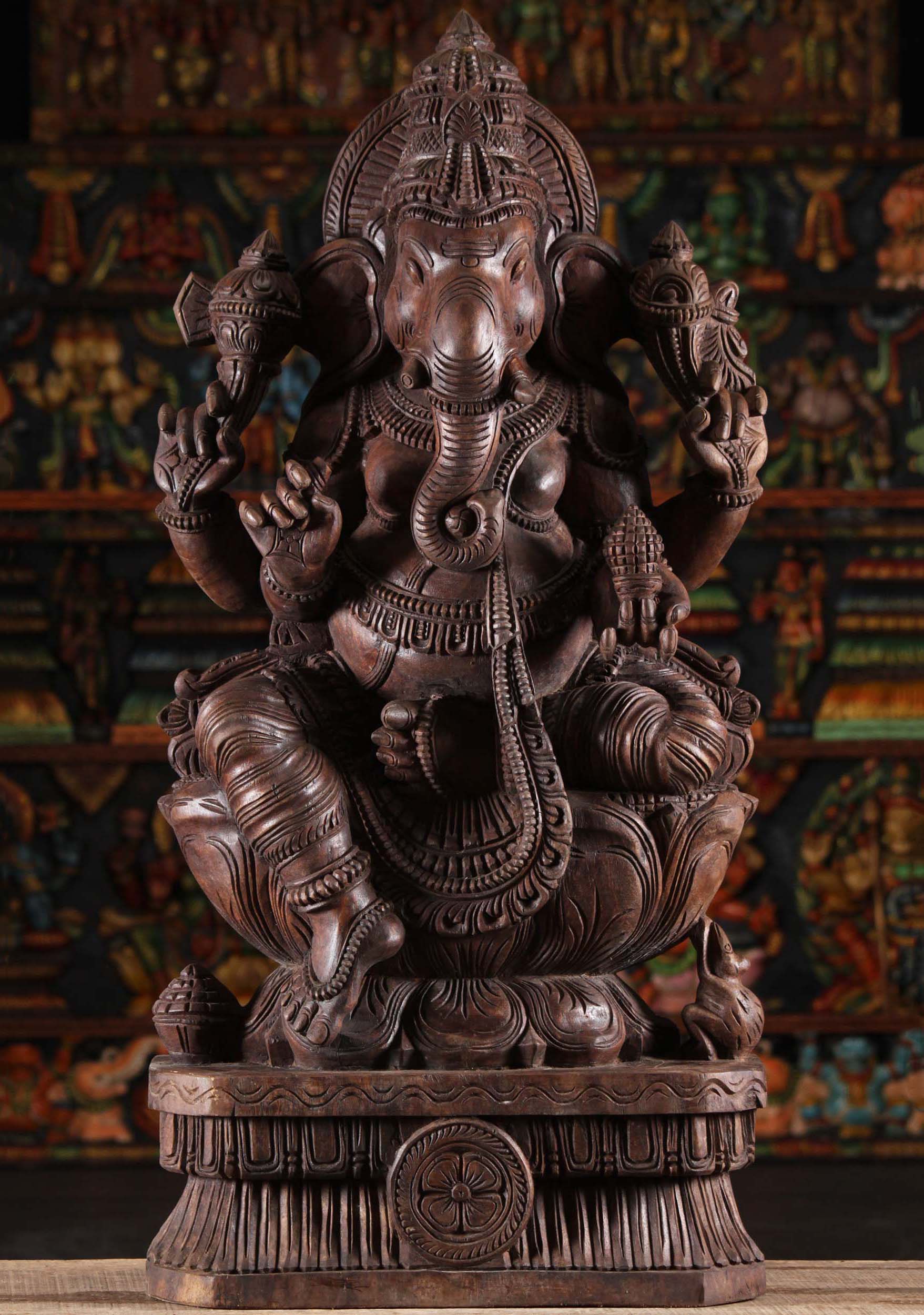 Wooden Seated Ganesha Statue Holding Tusk 36"