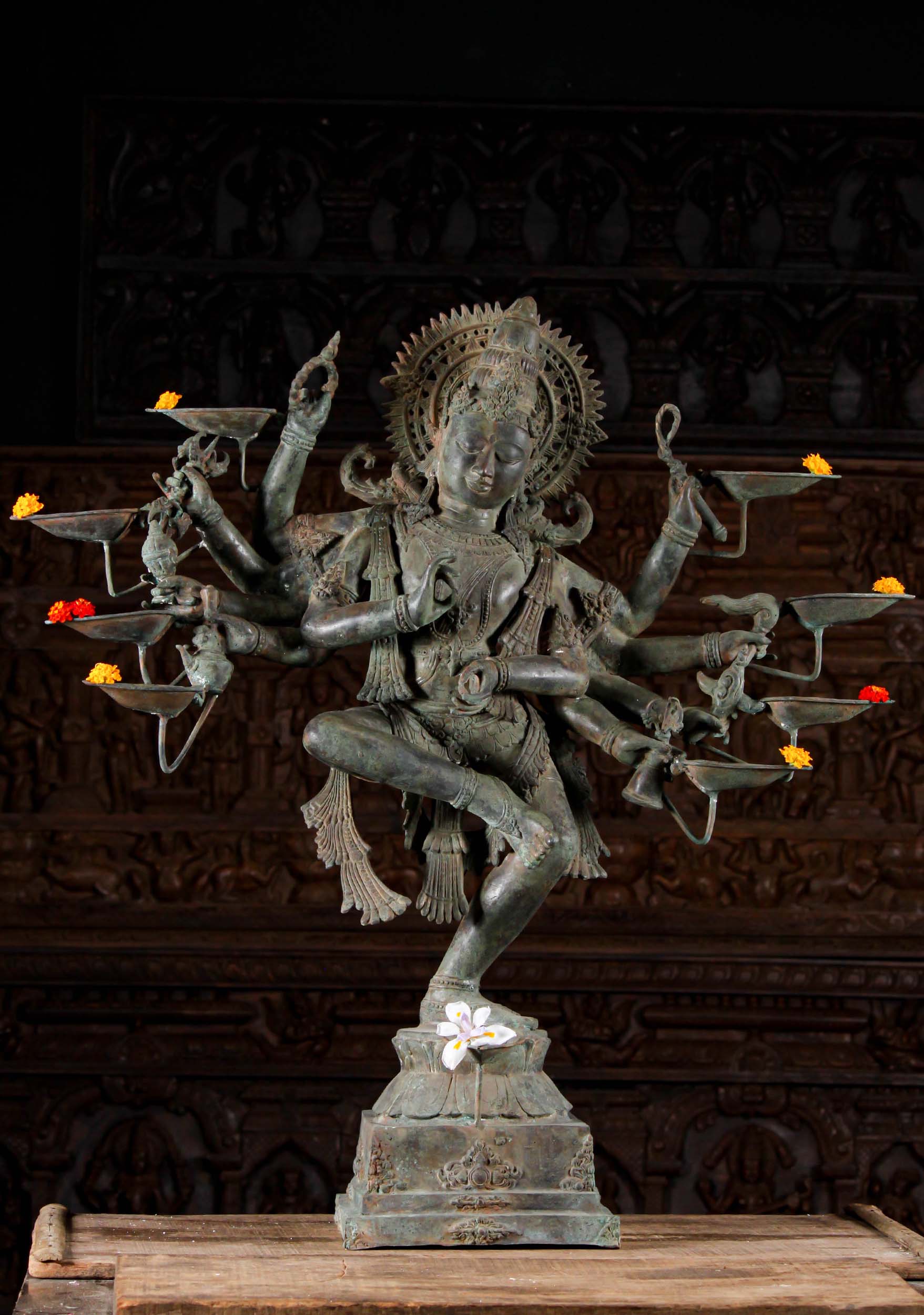 Beautiful Large Brass Dancing Shiva with 8 Deepa Lamps in Dharma Chakra Mudra 39"