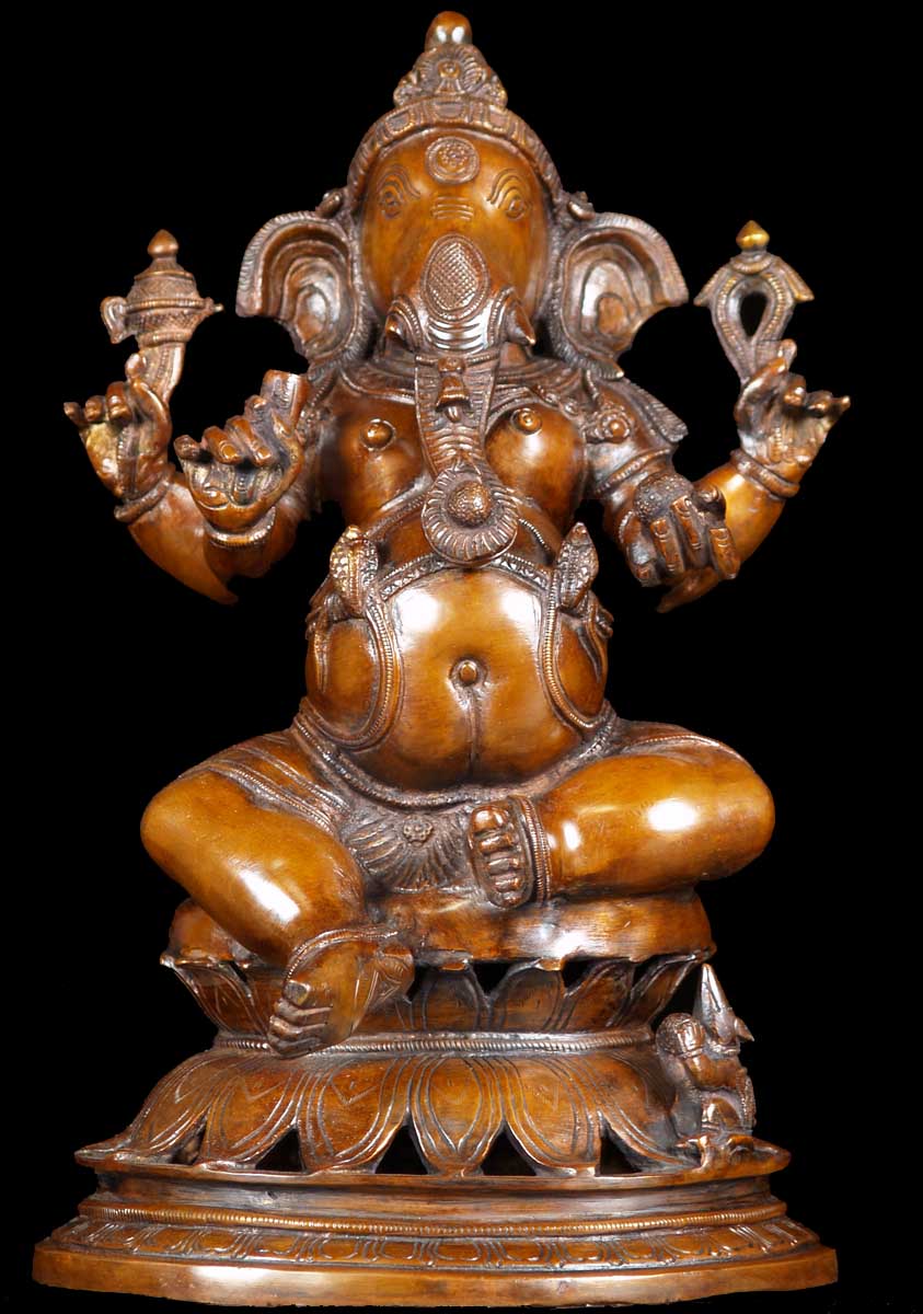 Brass Seated Ganesha with Rat 14"