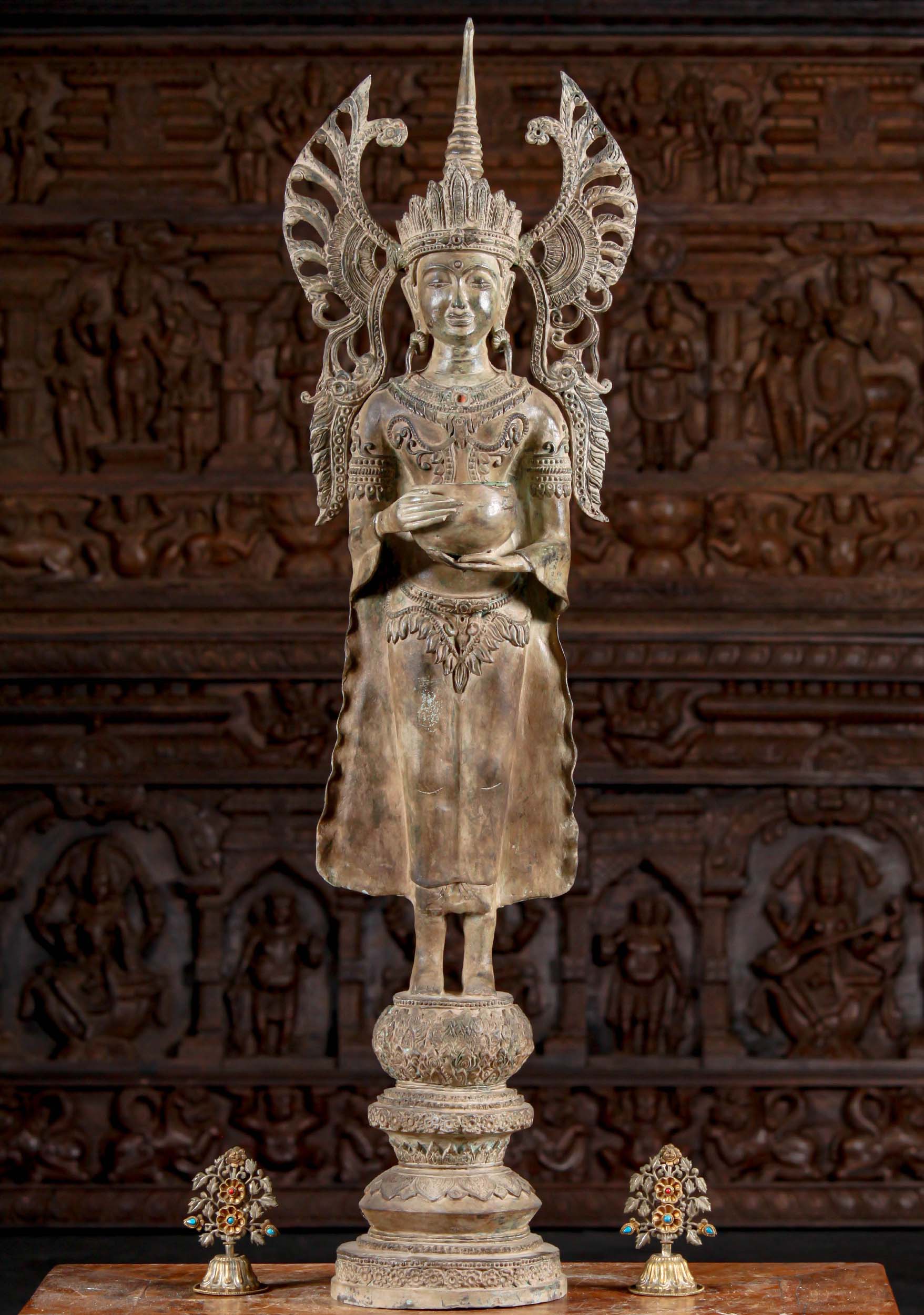 Brass Graceful Royal Standing Buddha Statue with Ornate Winglike Headdress & Circular Base  43"