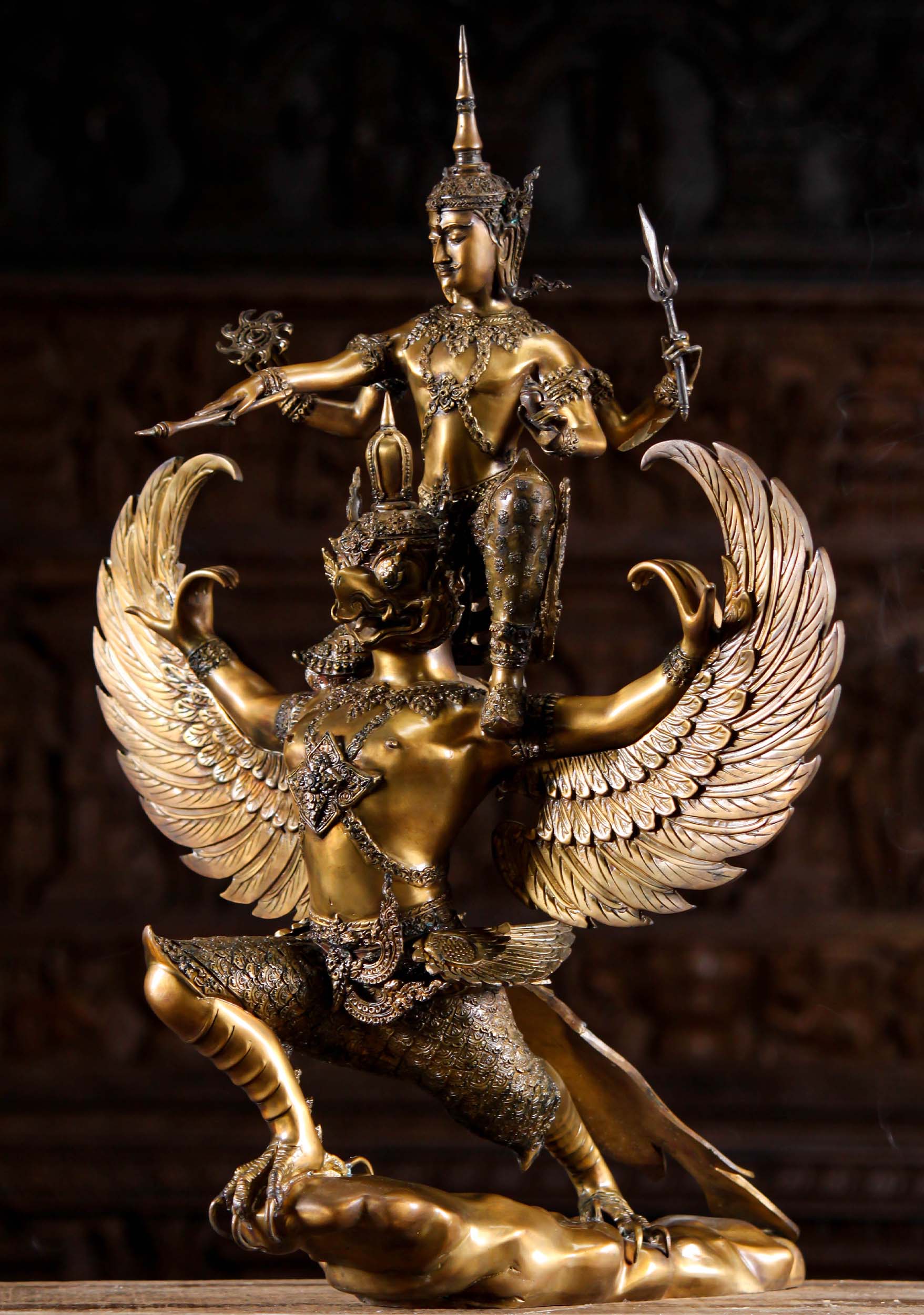 Stunning Golden Brass Masterpiece Sculpture of Lord Vishnu Riding Vahana Garuda 24"