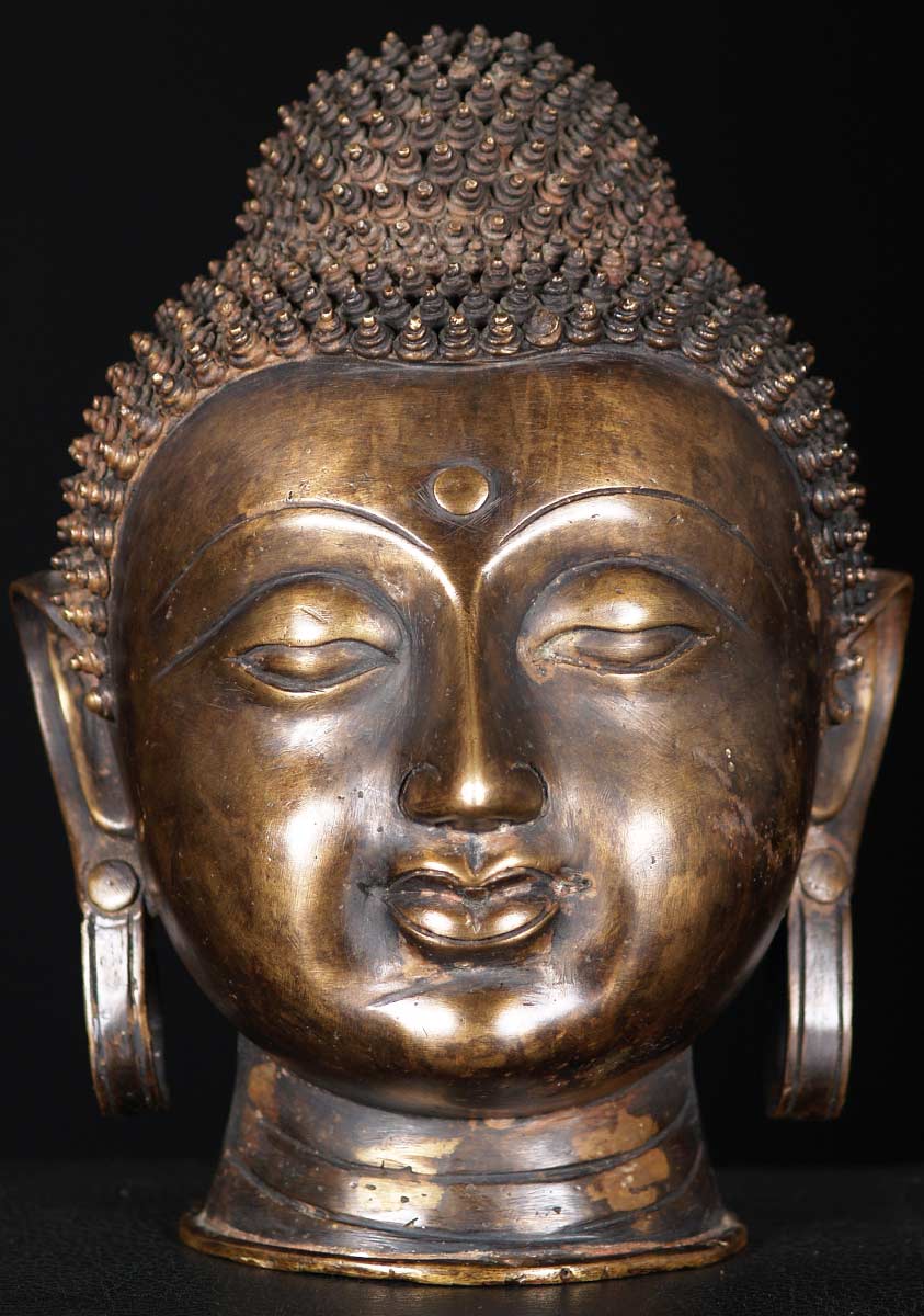 Black Bronze Buddha Head Cast in Bangladesh with Large Hoop Earrings & Third Eye 9"