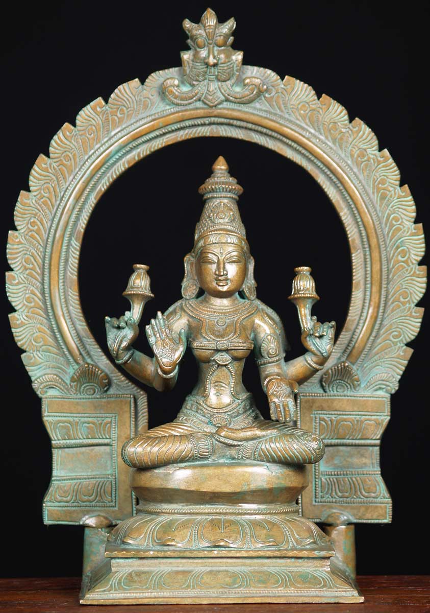 Bronze Lakshmi, 2 Lotus Flowers 13.5"