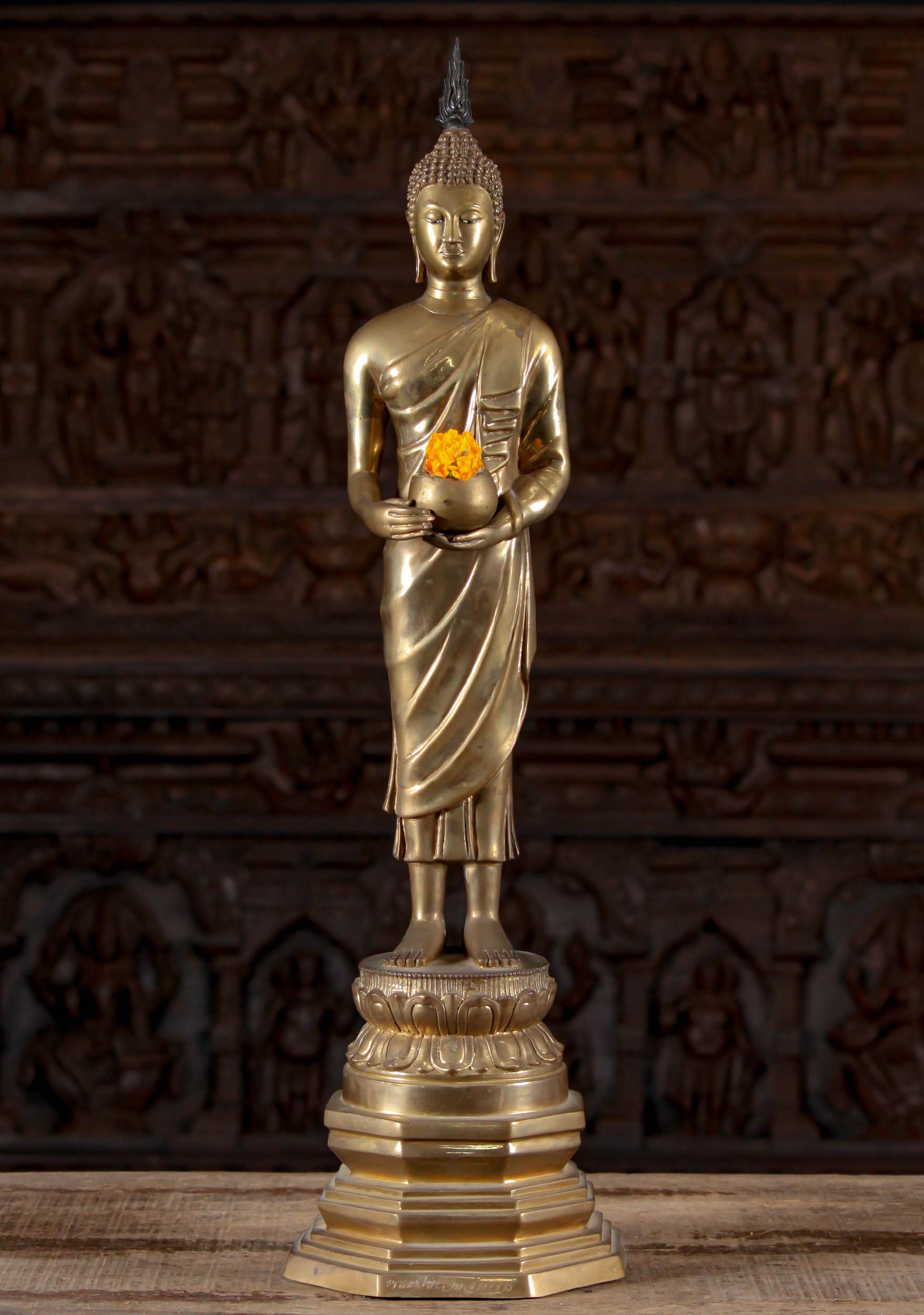 High Quality Golden Buddha Holding Alms Bowl Standing on Circular Lotus Base 27"