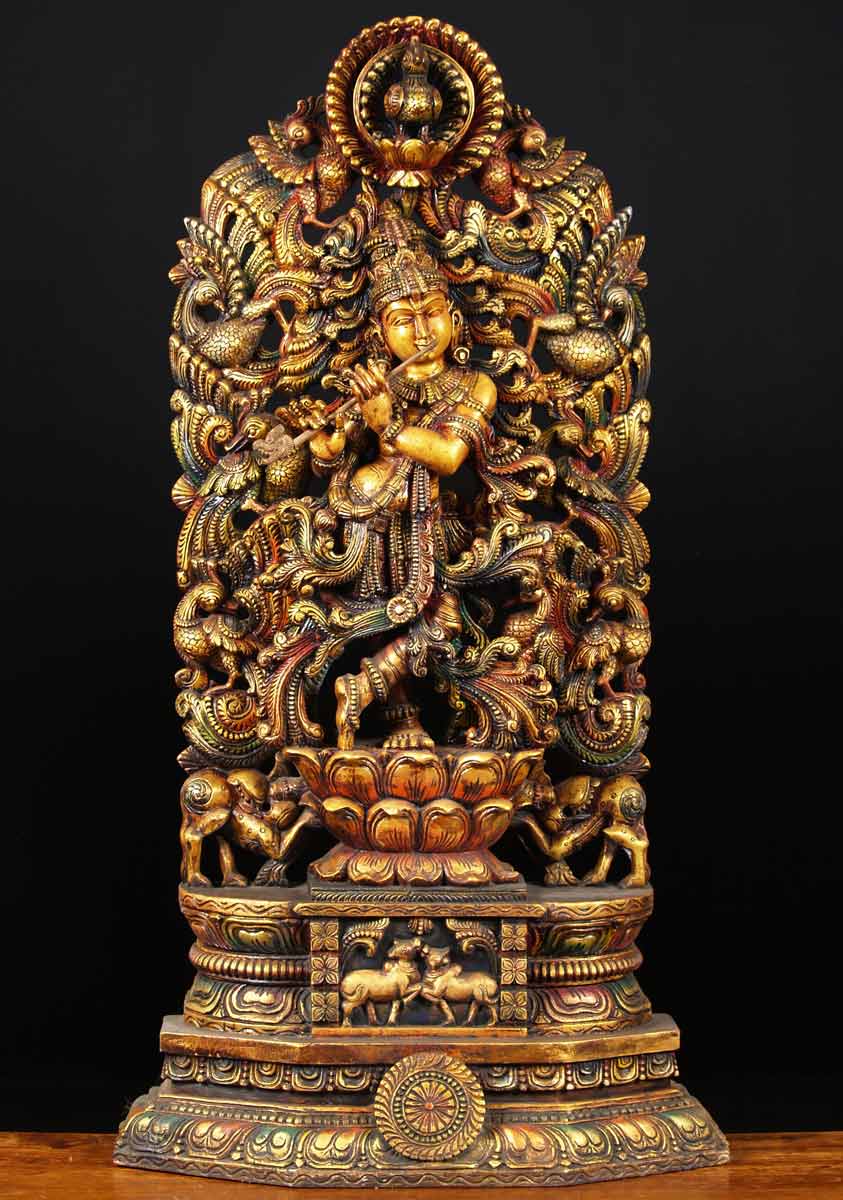 Wood Kodi Peacock Krishna Statue 48"