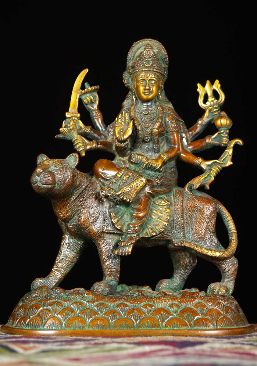 Brass 8 Armed Durga Riding a Lion 10"