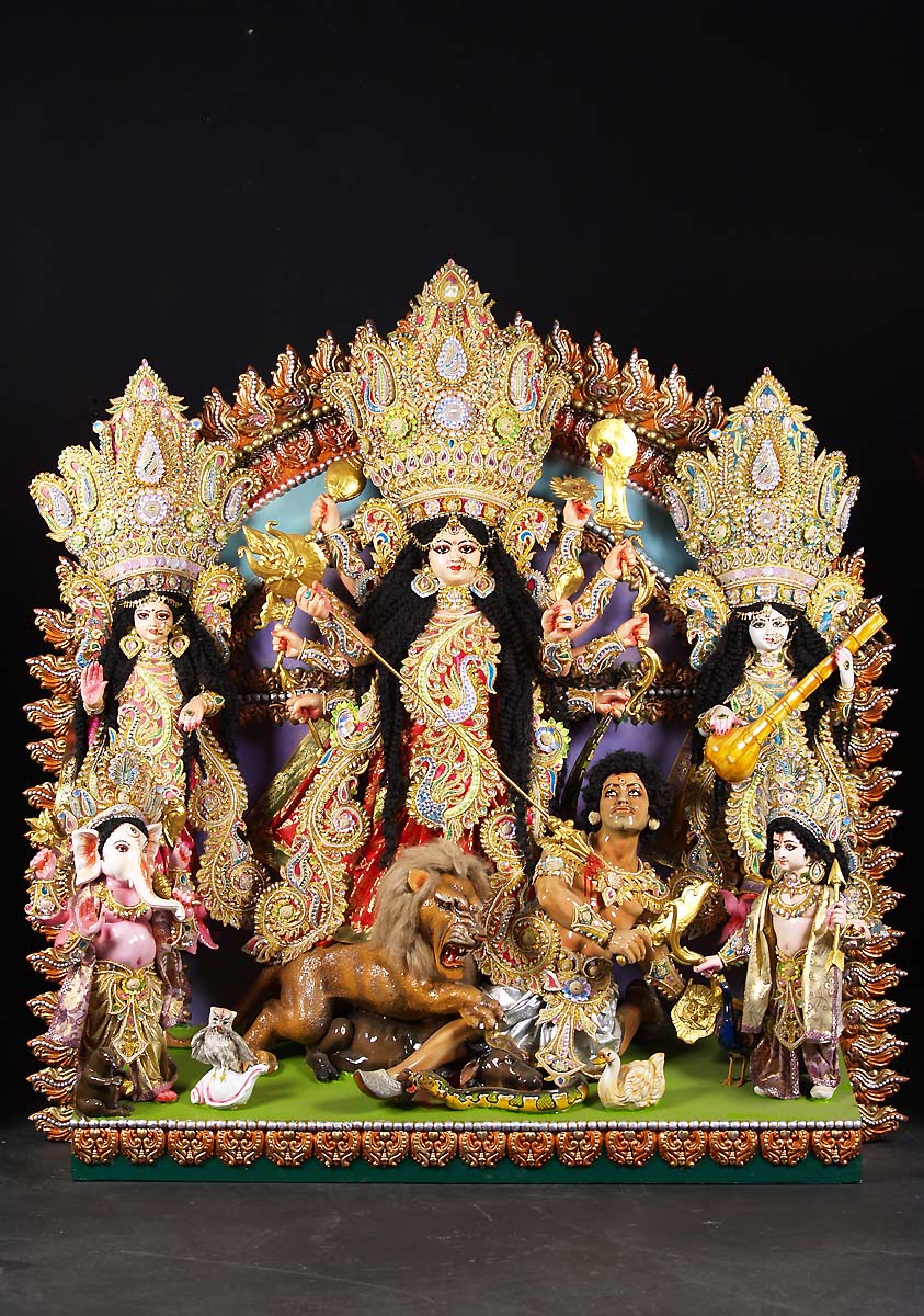 Durga Puja Statue, Durga Killing Buffalo Ganesh, Lakshmi, Saraswati & Murugan 66"