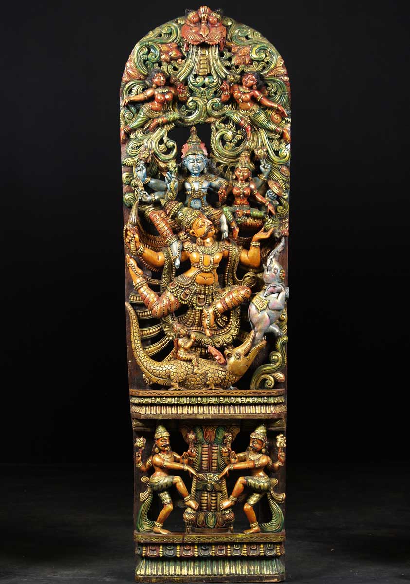 Wooden Gajendra Mohksha Statue 60"