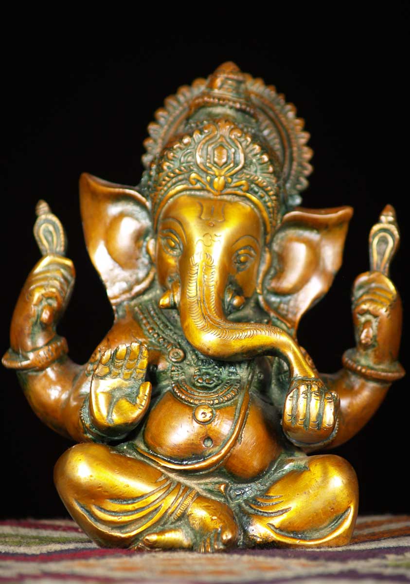 Brass Seated Crown Ganapati Statue 5.5"