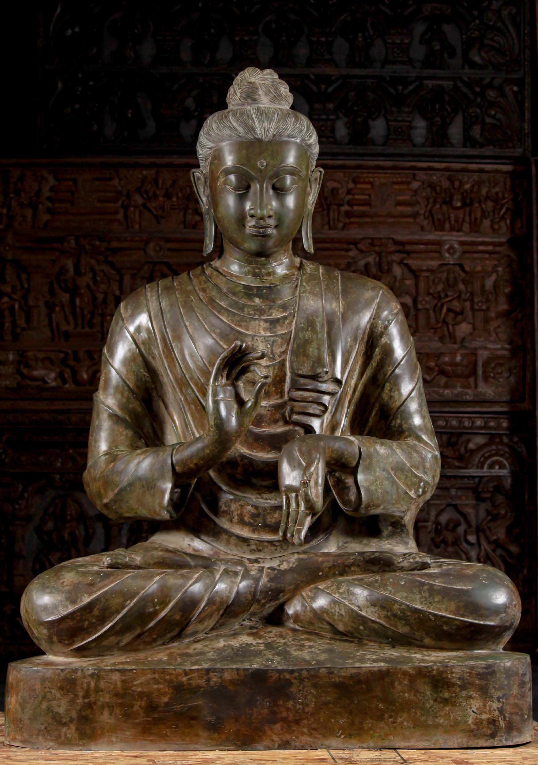 Brass Gandhara Buddha in the Dharmachakra or 'Wheel of Dharma' Mudra with Hair in Bun 57"