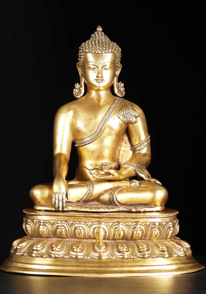 Brass Indian Buddha Statue Holding Alms Bowl  in Earth Touching & Meditation Mudras 21"