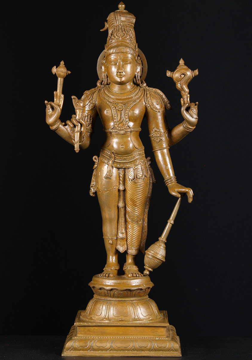 Bronze Standing Hariharan, Half Shiva, Half Vishnu Murti with Club, Ax, Staff, and Conch 24"