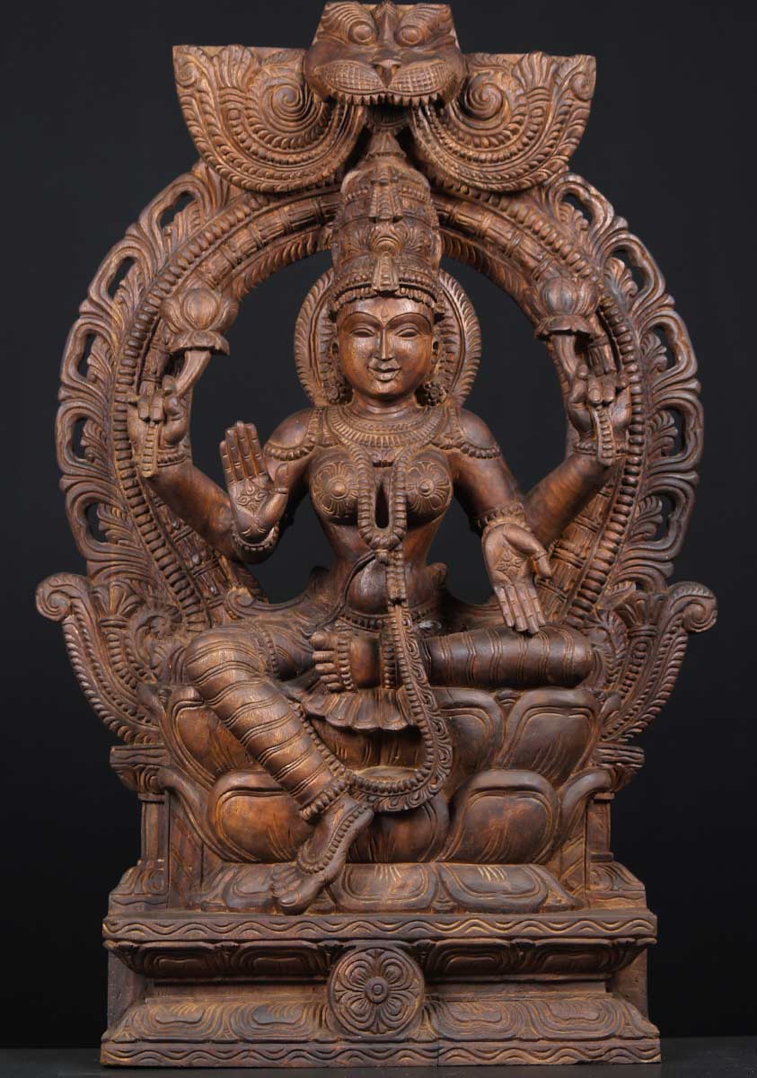The Holy Mart Goddess Lakshmi Idol Traditional India Sculpture in Pure Wood Engraved Lakshmi Wooden Idol Interior Decoration for offic e