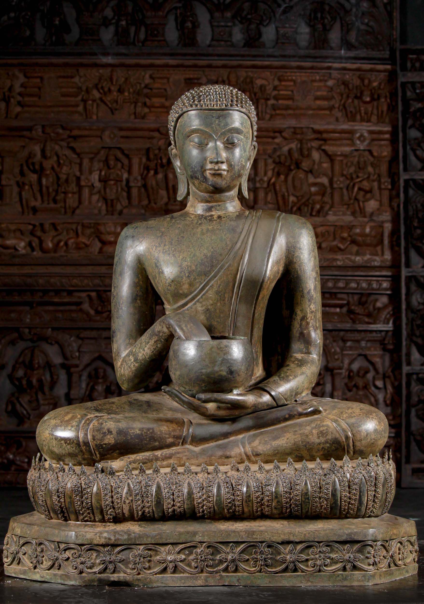 Large Buddha Statue with Hand in Alms Bowl Seated in Half Lotus Pose on Unique Base 43"