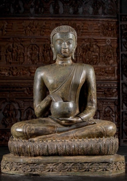 Large Buddha Statue with Hand in Alms Bowl Seated in Half Lotus Pose on Unique Base 43" Large Buddha Statue with Hand in Alms Bowl Seated in Half Lotus Pose on Unique Base 43"