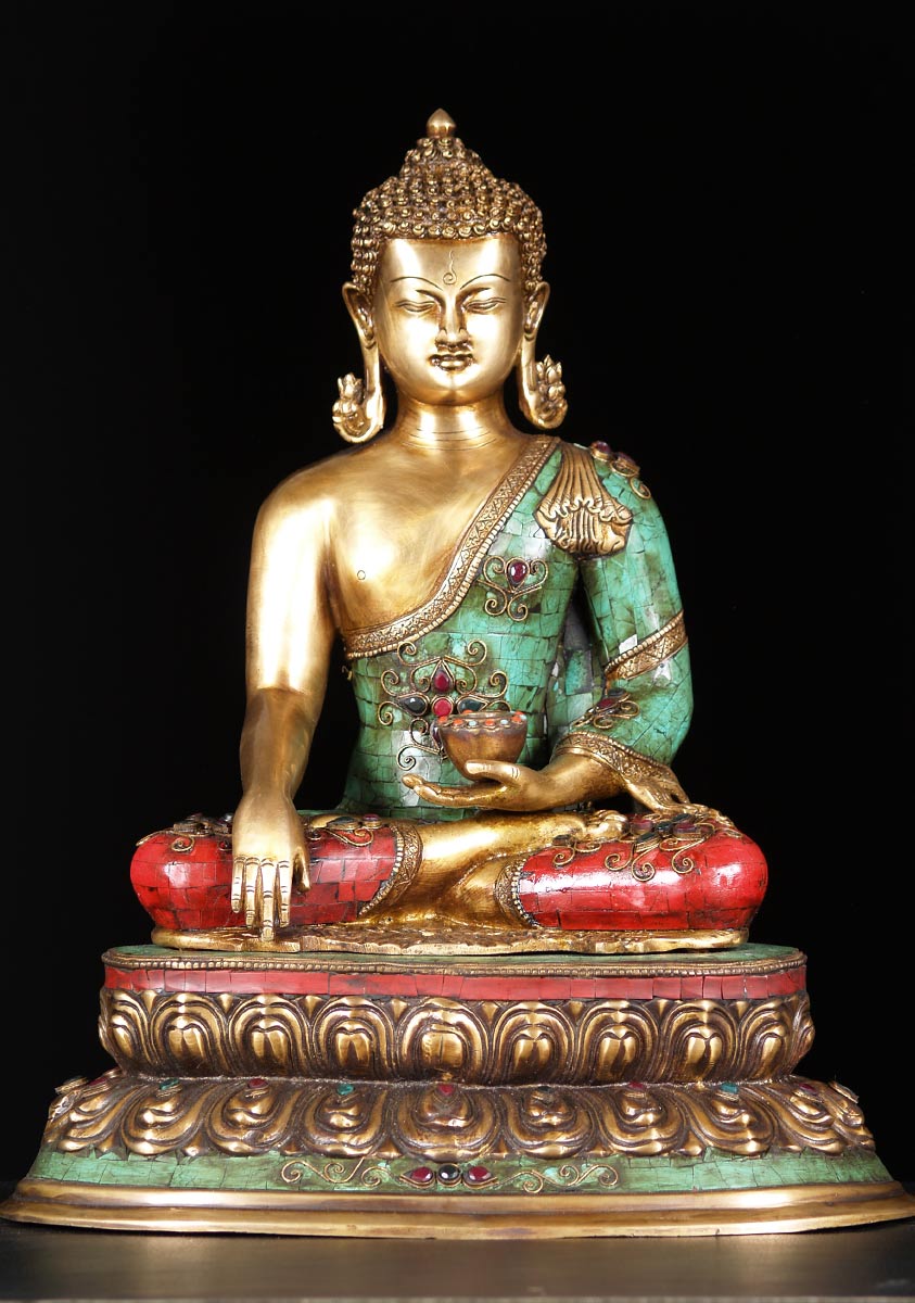 Brass Earth Touching Buddha with Stones 20.5"