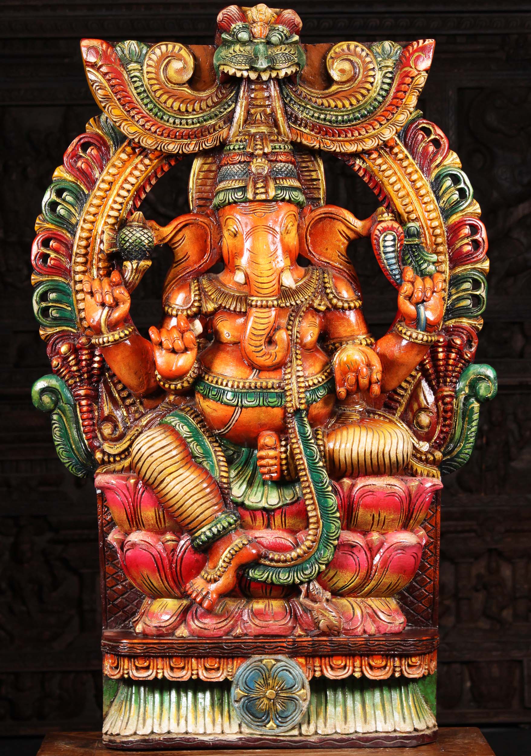 Large Vibrant Neem Wood Carving of Ganesha on Triple Lotus Flower Base with Arch 47"
