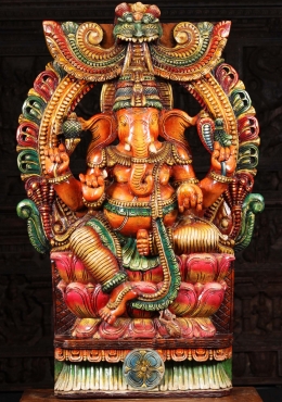 Large Vibrant Neem Wood Carving of Ganesha on Triple Lotus Flower Base with Arch 47"