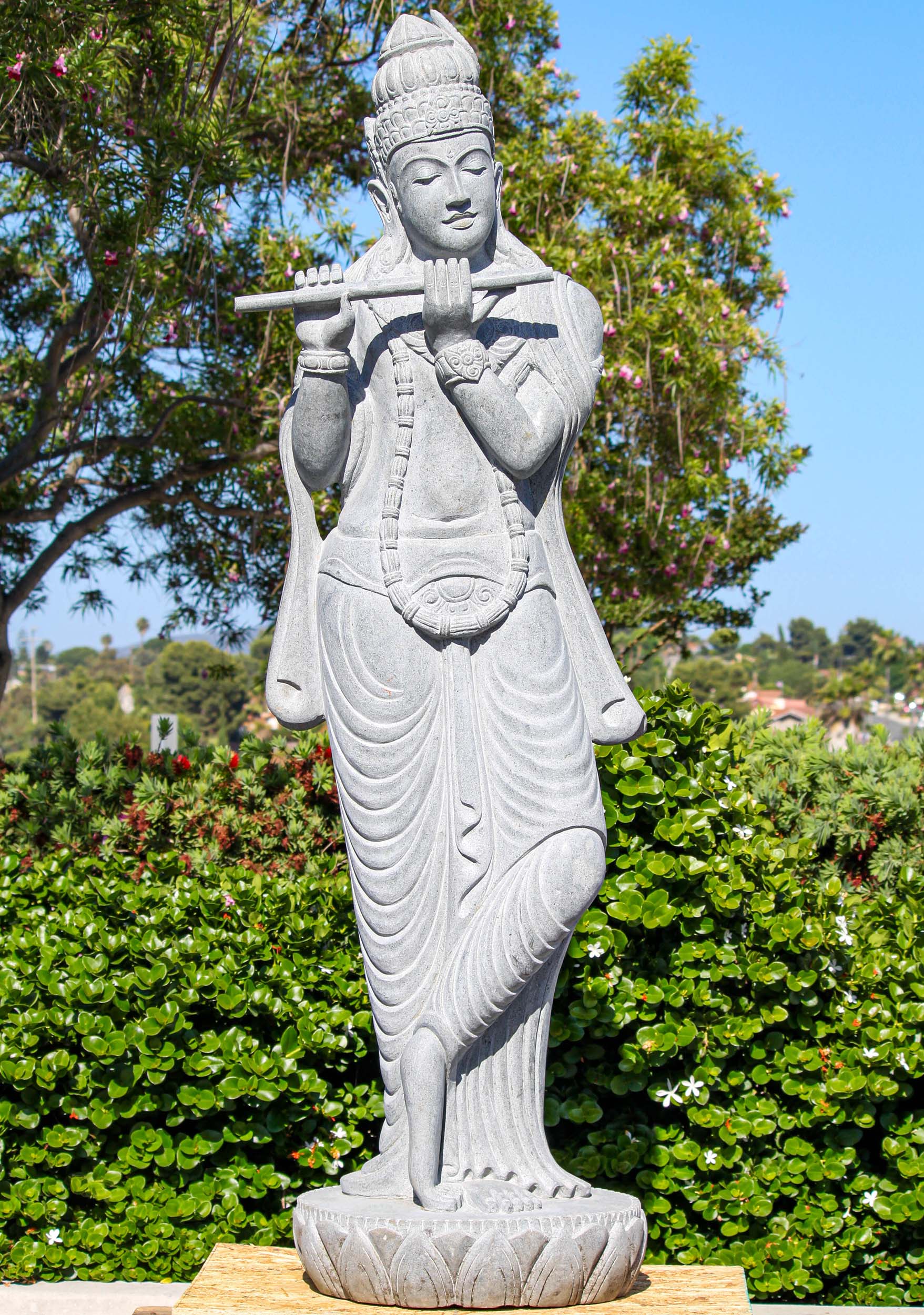 6 Foot Tall Large Gopal Krishna Statue Playing Flute Hand Carved from 1 Block of Stone 73"