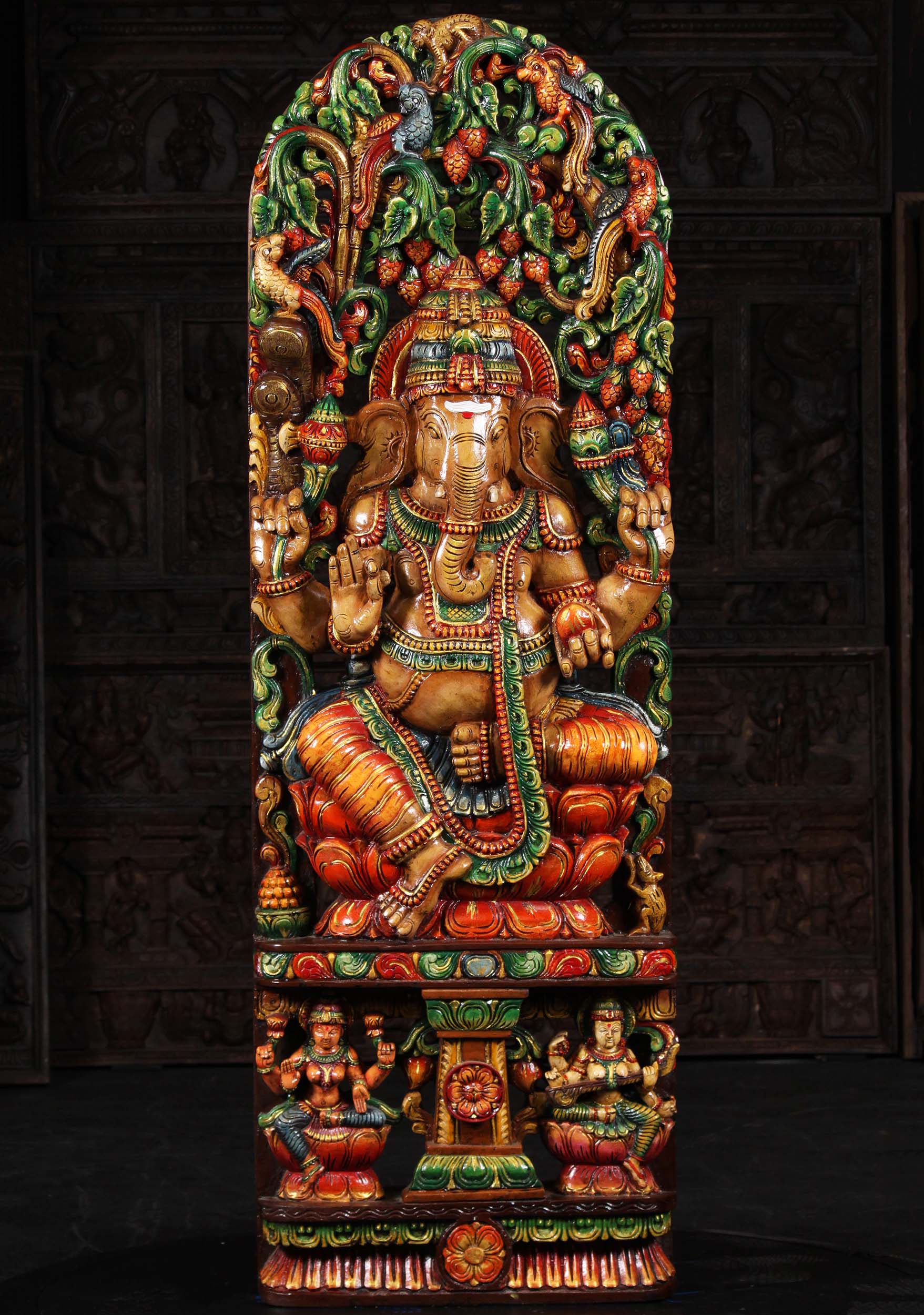 Hand Carved and Hand Painted Large Wood Ganesh Statue with Lakshmi and Saraswati 72"