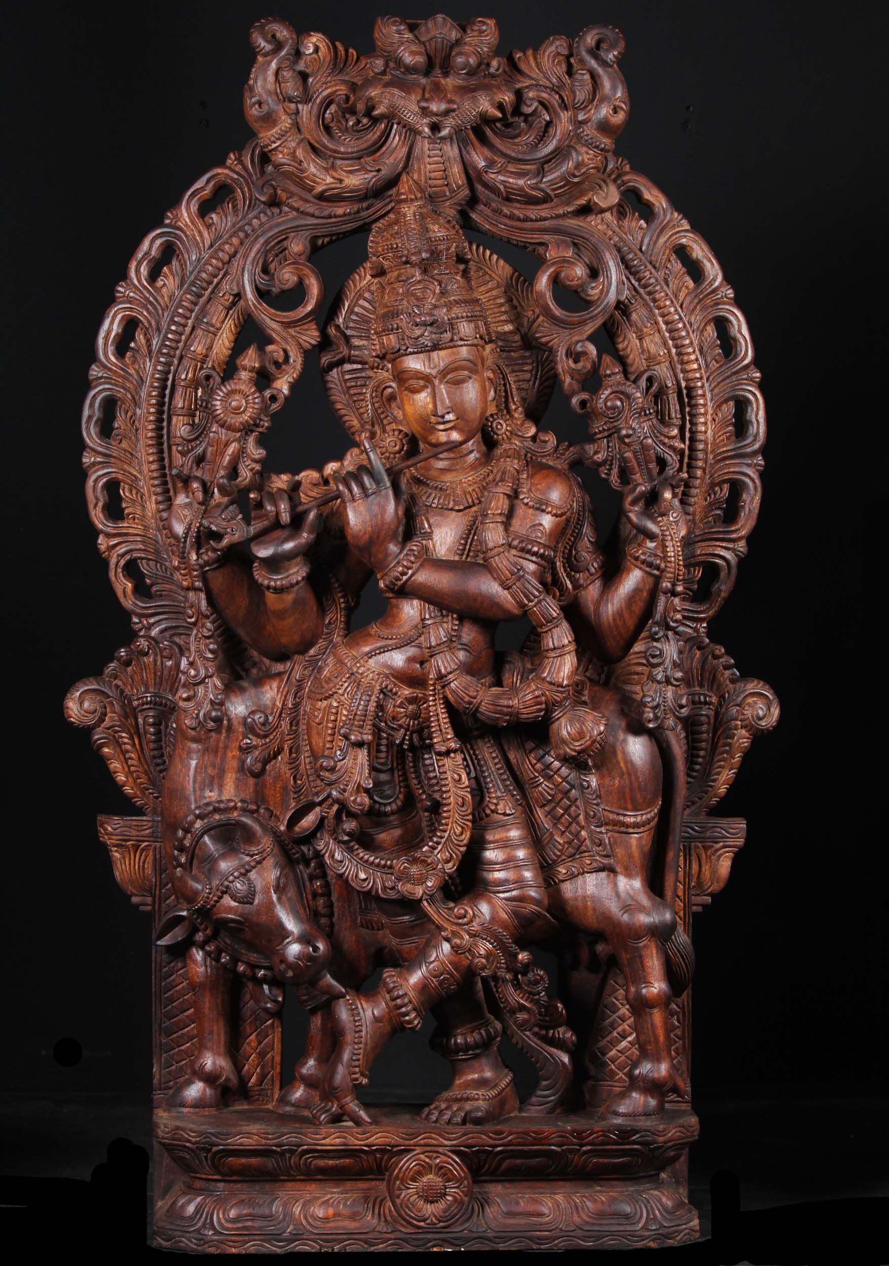 Krishna Vishnu Statue Playing Flute with Cow 60"