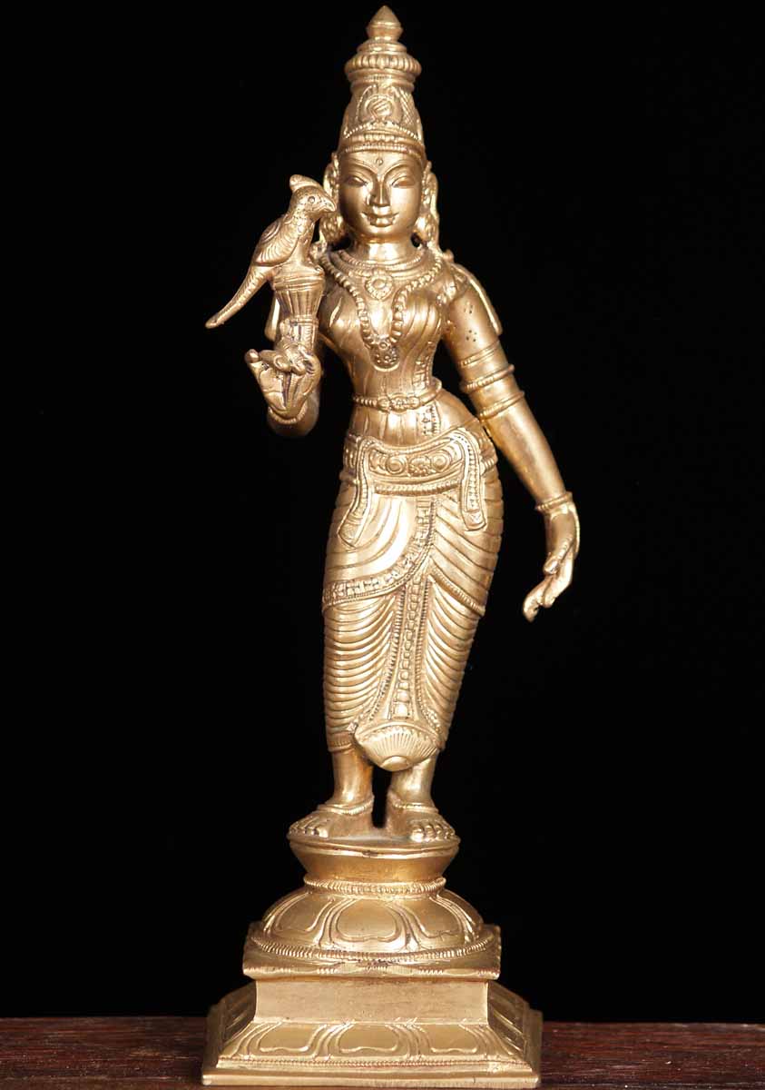 Bronze Meenakshi Statue with Parrot 10"
