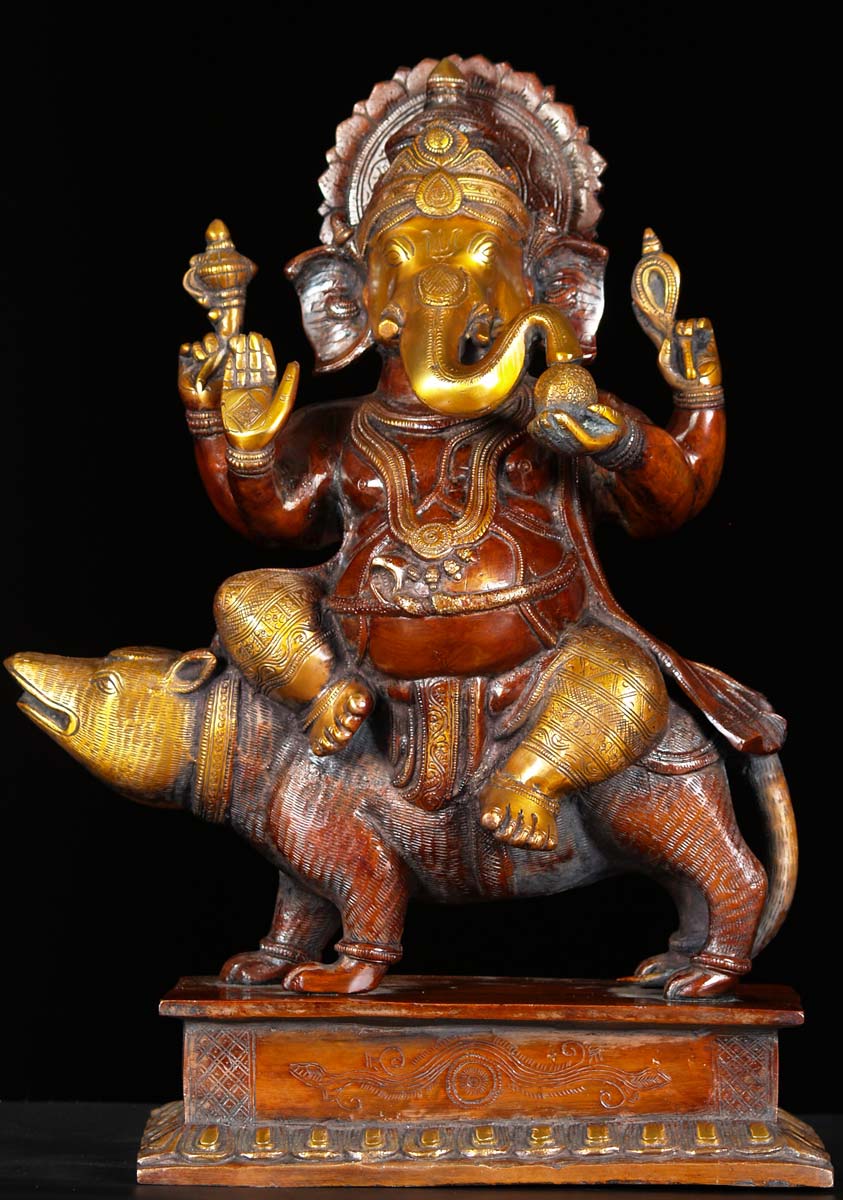 Beautiful Brass Statue of Ganesh Riding His Vehicle, the Large Rat, Mooshika Statue 18"