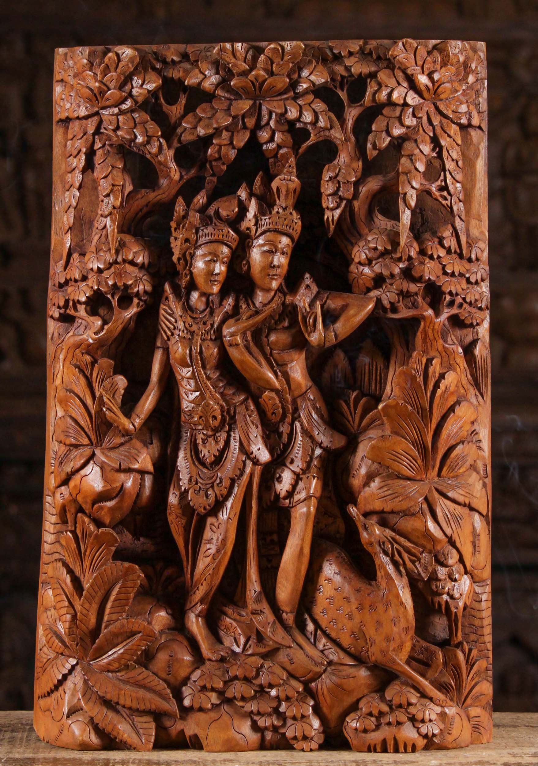 Hindu Wood Wall Panel of King Rama & His Wife Sita Hand Carved in Bali Indonesia 19"x12"