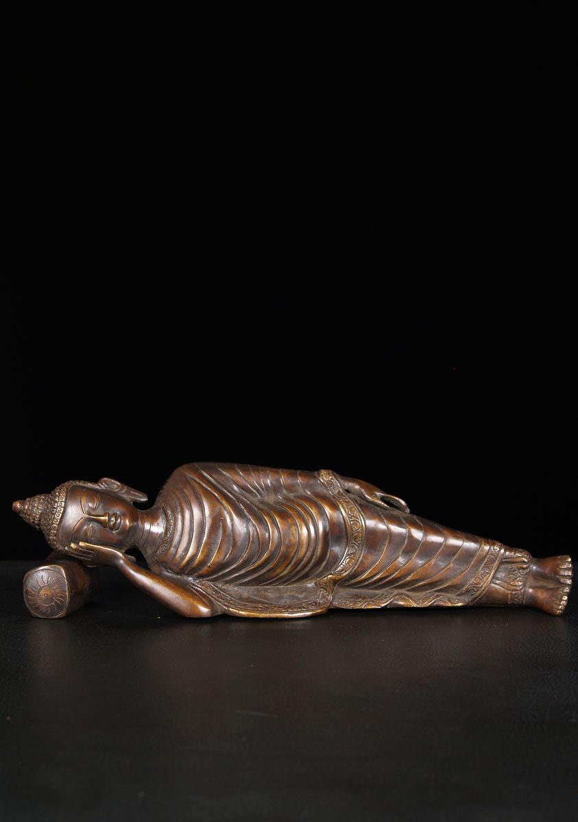 Brass Reclining Buddha Statue 15"
