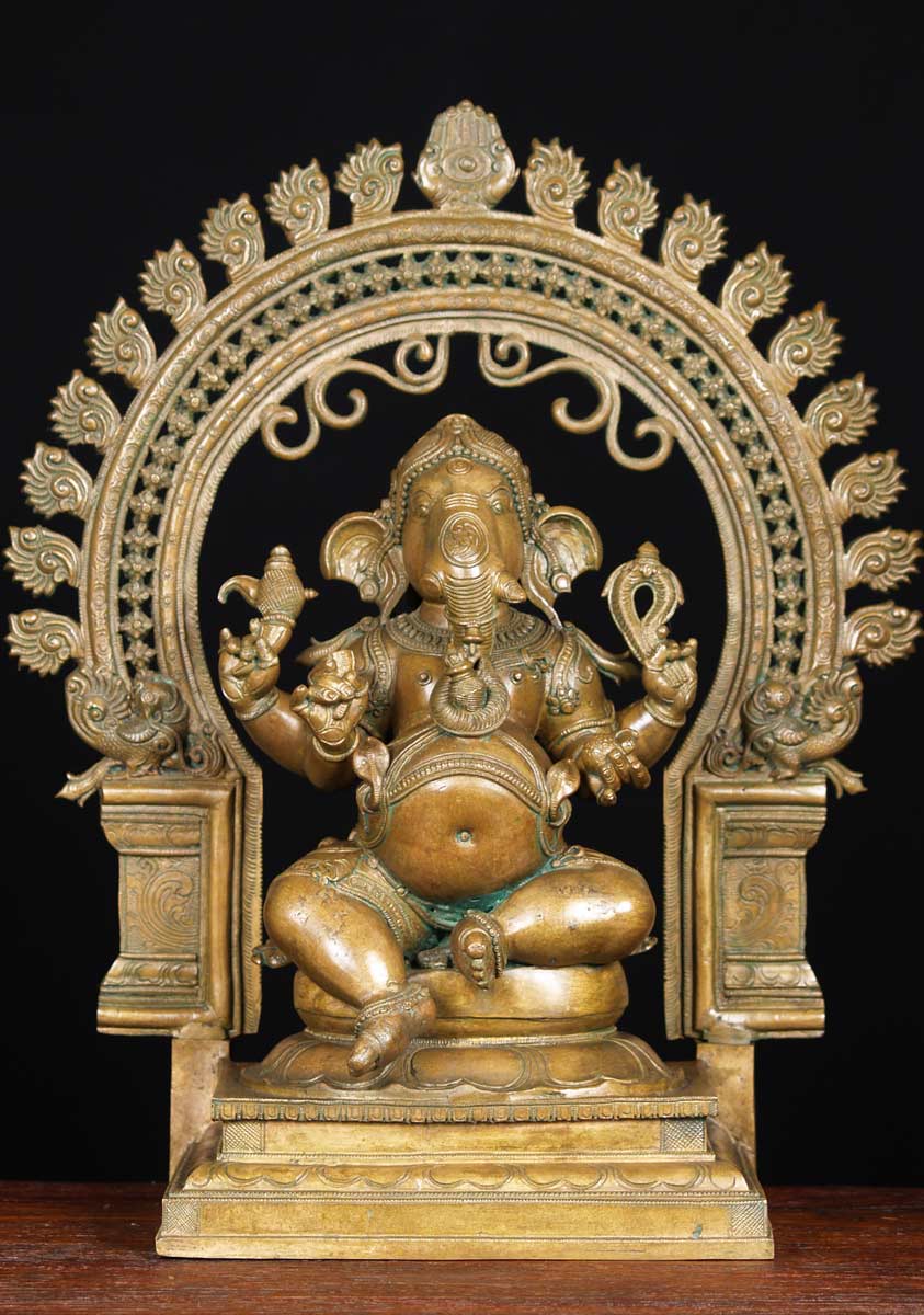 Bronze Seated Ganesh with Arch 21"