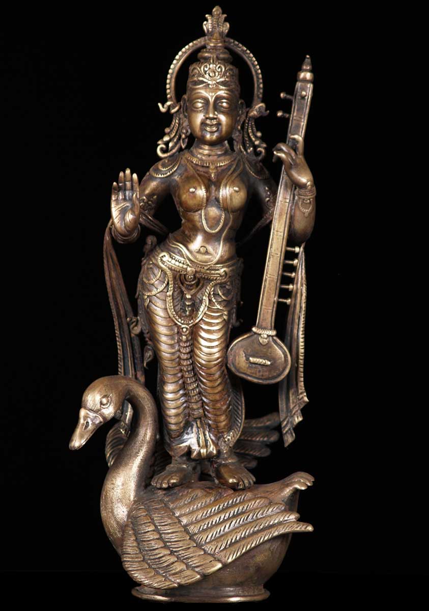 Bronze Saraswati with Swan Statue 14.5"