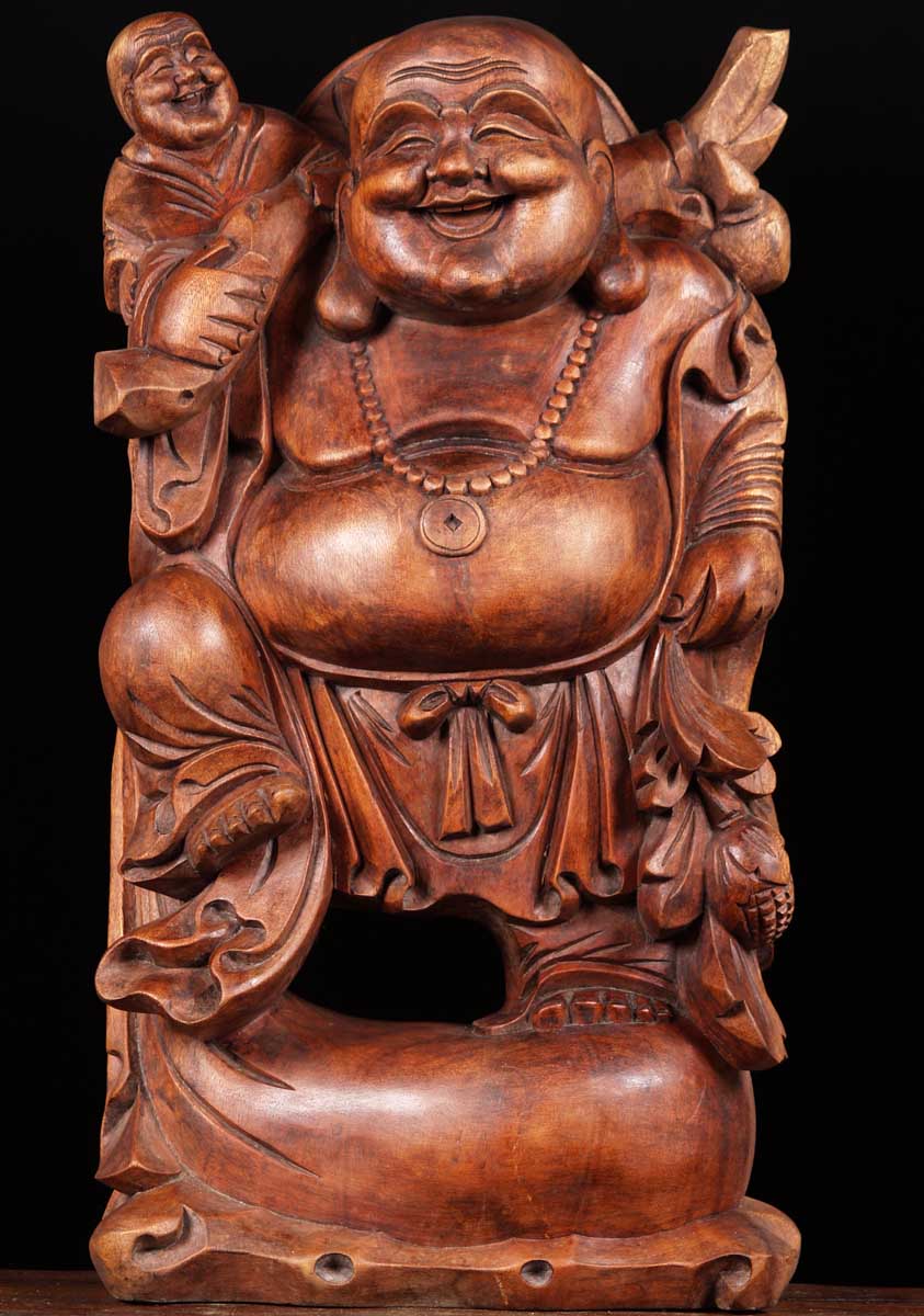 Wood Fat Buddha Holding Child 24"
