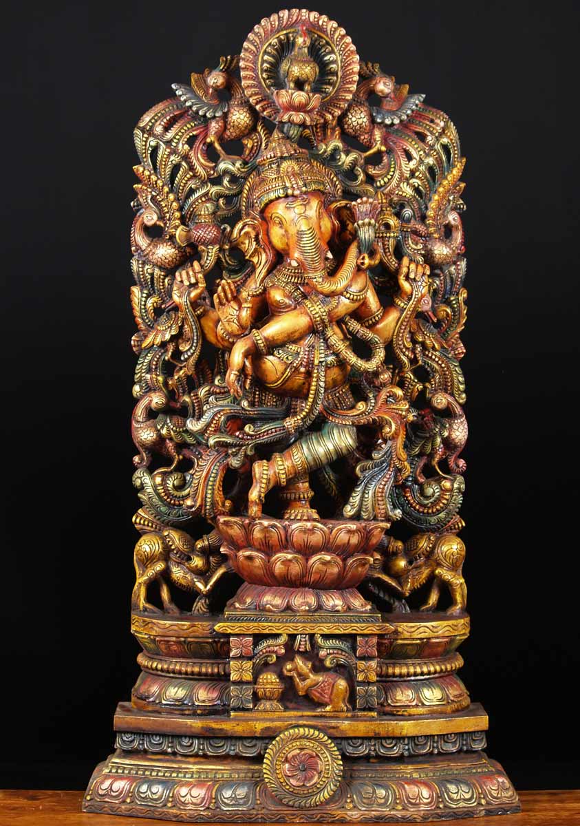 Wood Ganesh Statue with 9 Peacocks 48"