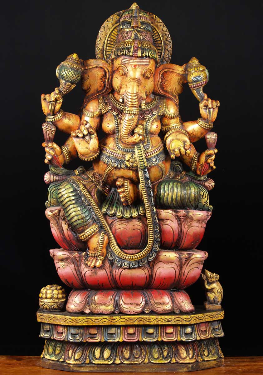 Wooden Seated Ganesh with 6 Arms 48"