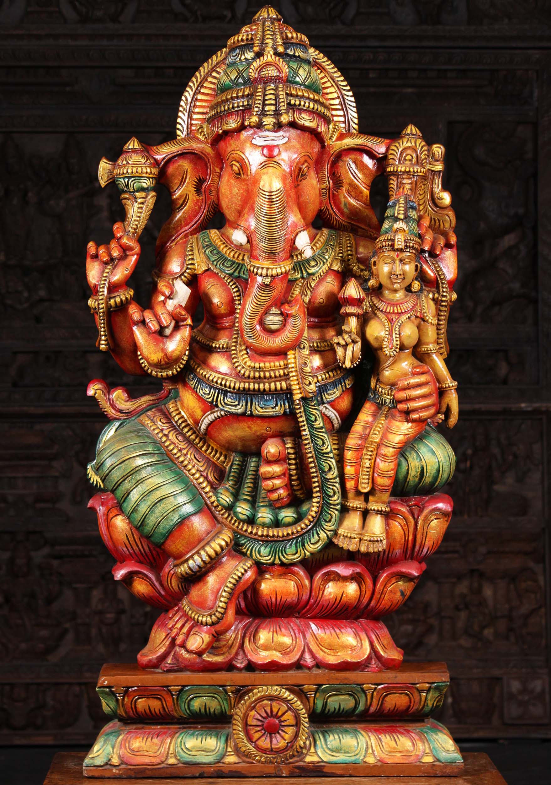 Large Hand Carved Neem Wood Ganesha Seated on Lotus Base with Goddess Lakshmi 49"
