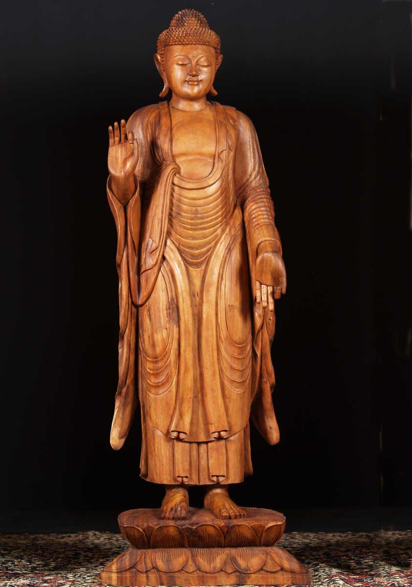 Wooden Smiling Buddha Statue 64"