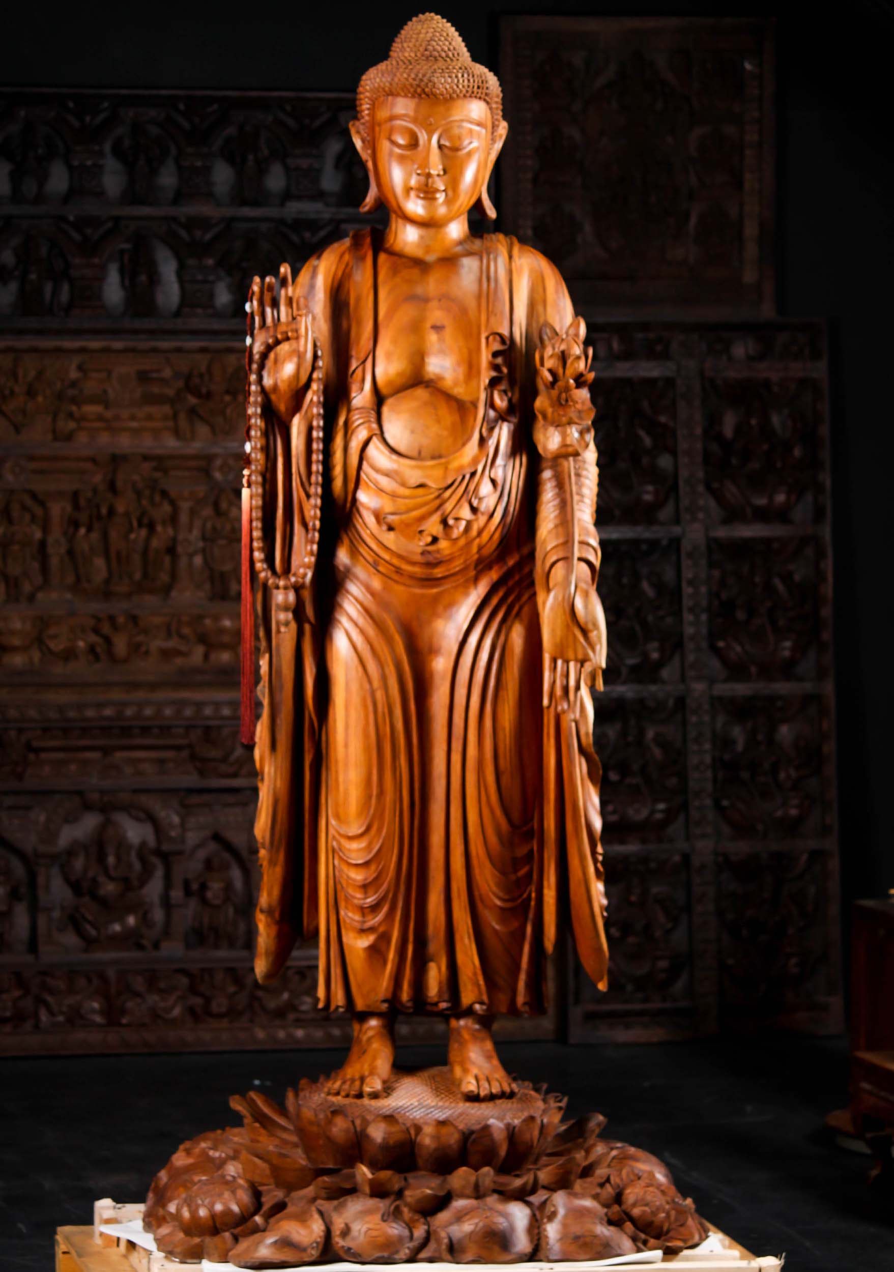 Enormous Wood Standing Buddha Holding Malas & Lotus Flower Hand Carved in Bali 85"