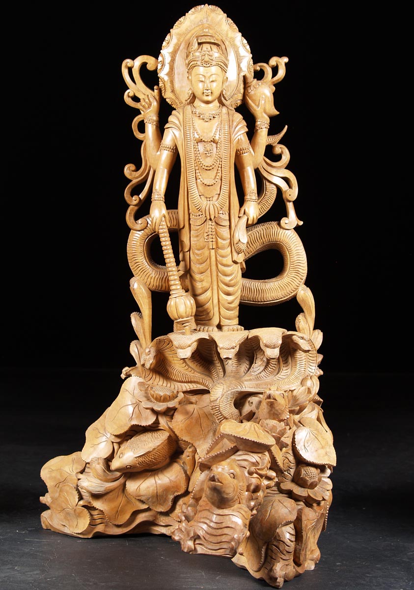 Wood Vishnu Statue with Ananta Sesha Standing on Lily Pad Ocean with Fish Hand Carving 32"