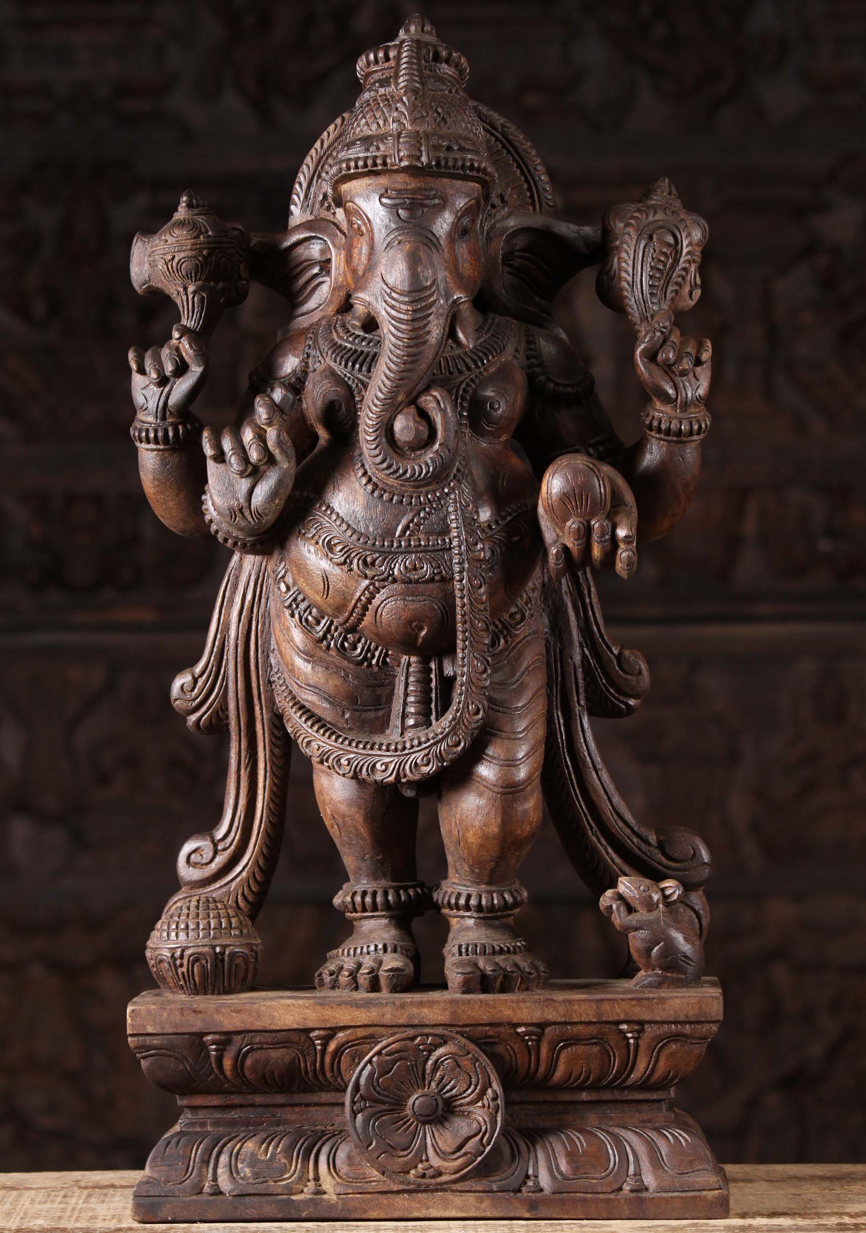 Wooden Standing Ganesha Holding Mango 24"
