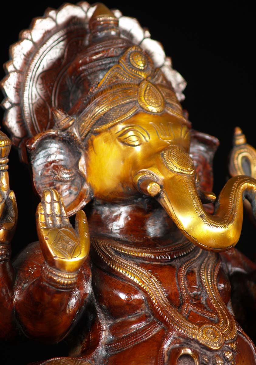 Beautiful Brass Statue of Ganesh Riding His Vehicle, the Large Rat, Mooshika Statue 18"