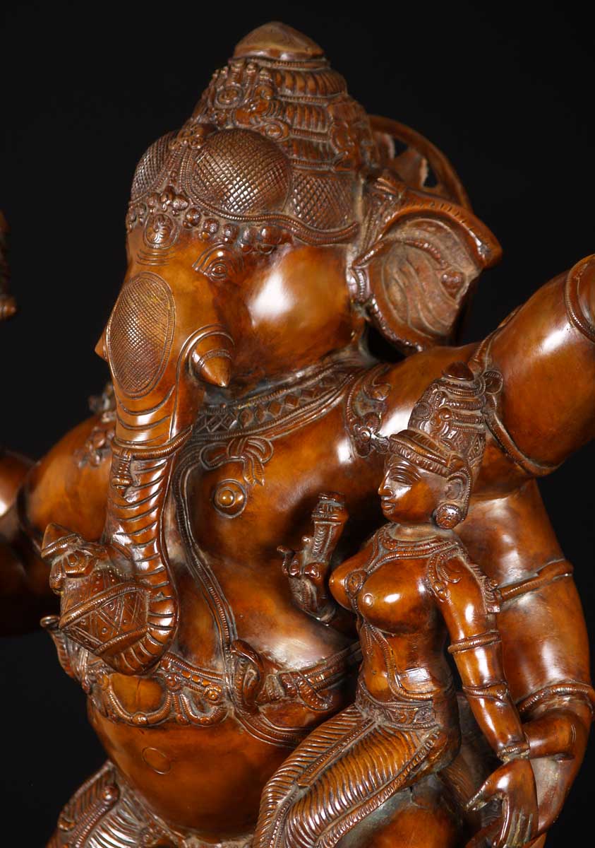 Large Brass Dancing Ganapati Statue Holding Lakshmi on His Lap with His Vehicle, the Rat 29"
