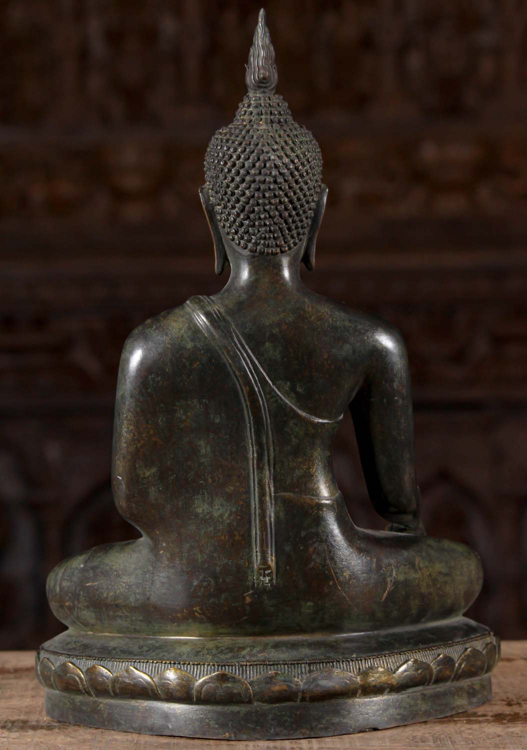 Brass Thai Earth Touching Ardha Padmasana Half Lotus Seated Buddha Statue 14"