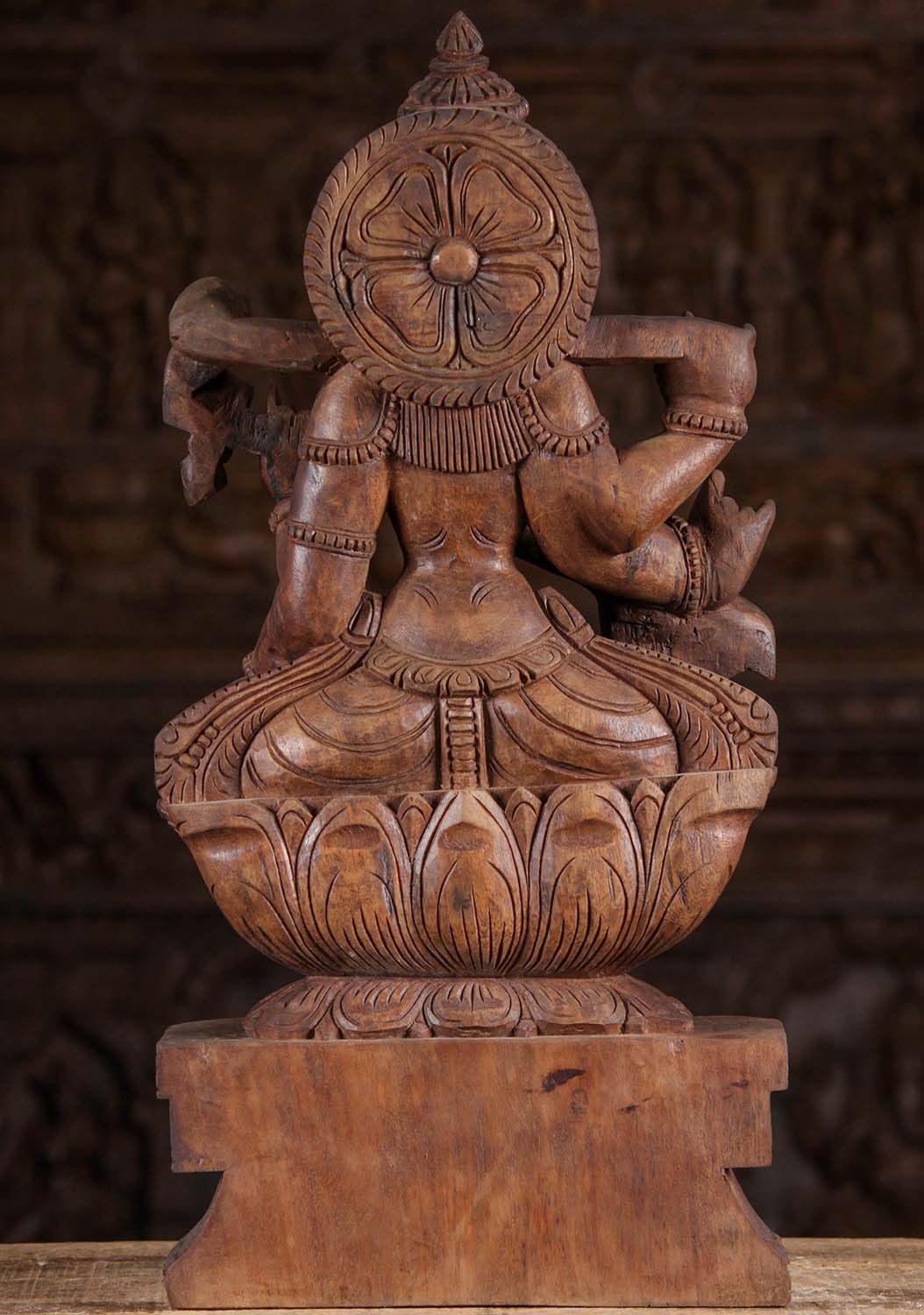 Wood Seated Saraswati Statue with Veena 24"