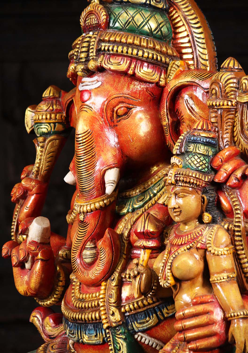 Large Hand Carved Neem Wood Ganesha Seated on Lotus Base with Goddess Lakshmi 49"