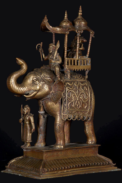 Elephant with Trunk Raised Carrying King with 2 Mahouts 17"